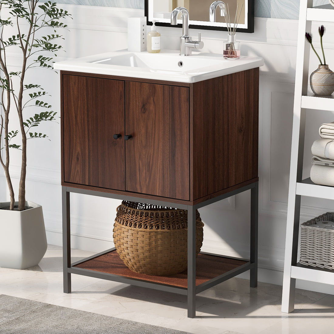 Viedo 24" Inch Walnut Finish Bathroom Vanity Cabinet With 2 Soft Close Doors, Open Storage Walnut Mdf Metal