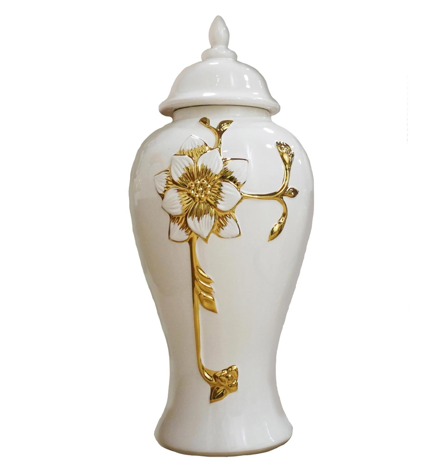 Ginger Jar With Steam Gold Flower White Ceramic