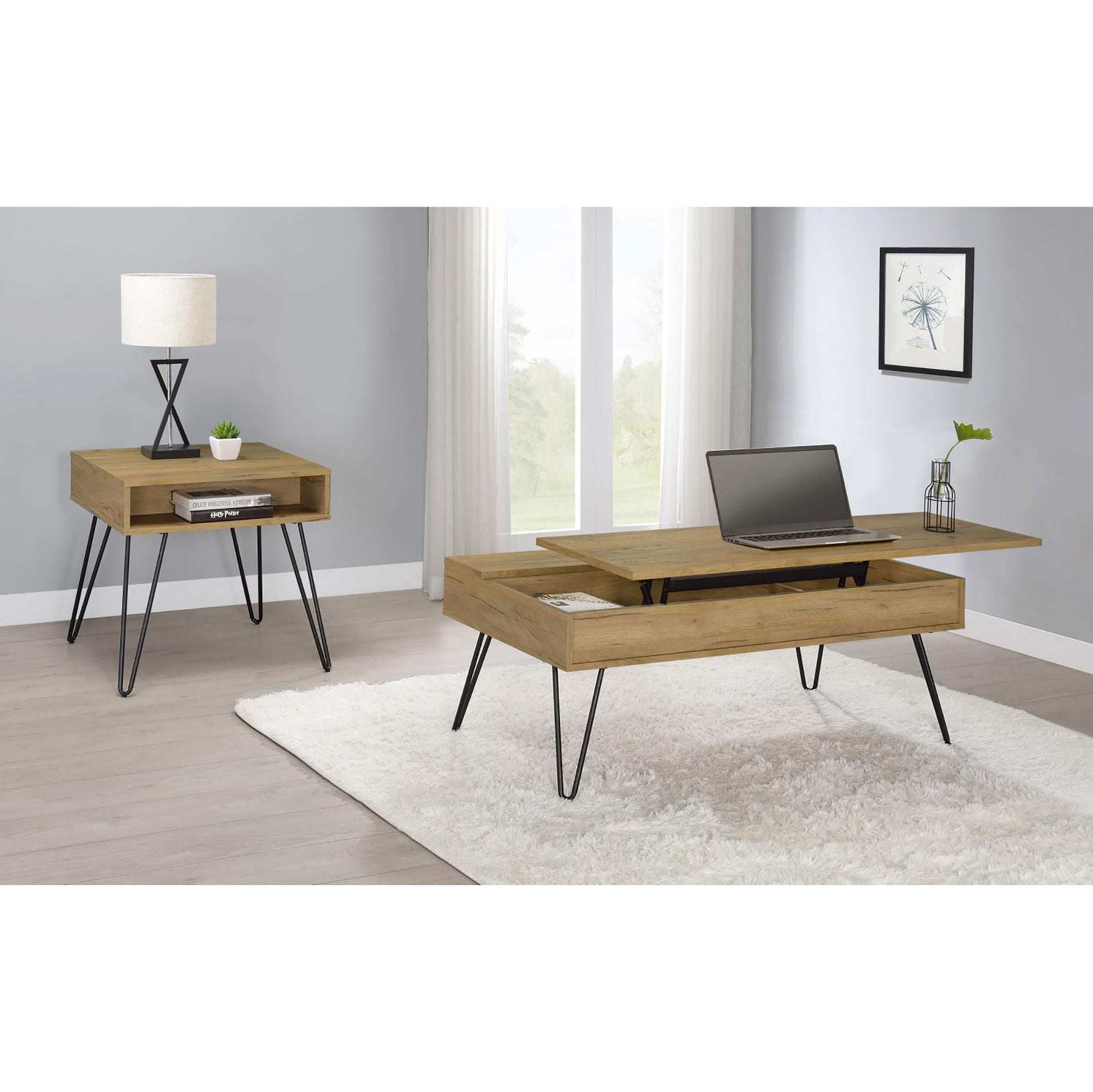 Golden Oak And Black Square End Table Brown Primary Living Space Industrial Square Open Storage Coffee & End Tables Powder Coated Wood Hairpin