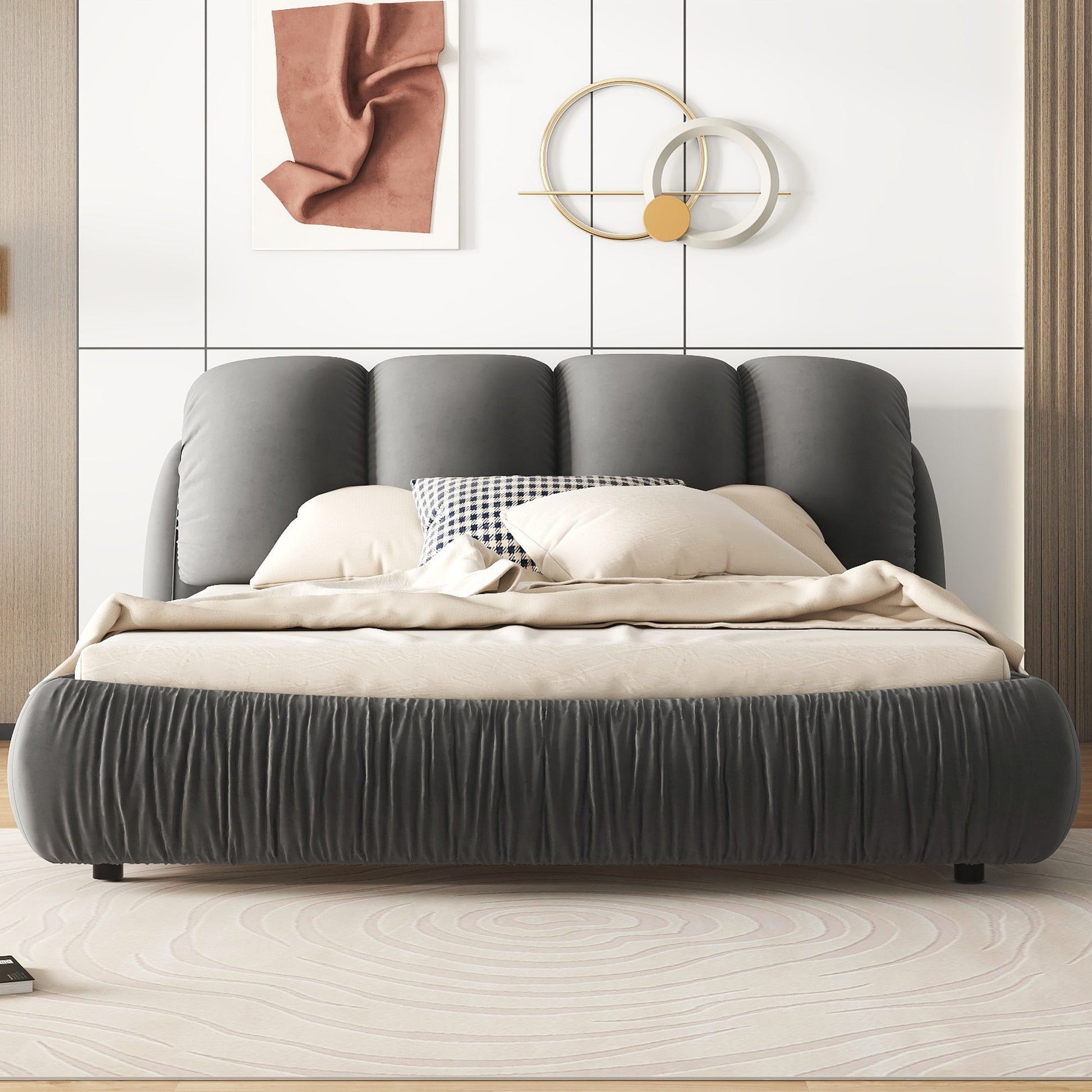 King Size Luxury Upholstered Bed With Thick Headboard, Velvet King Bed With Oversized Padded Backrest, Gray Expect Arrive Date 2024 3 15 King Gray Velvet