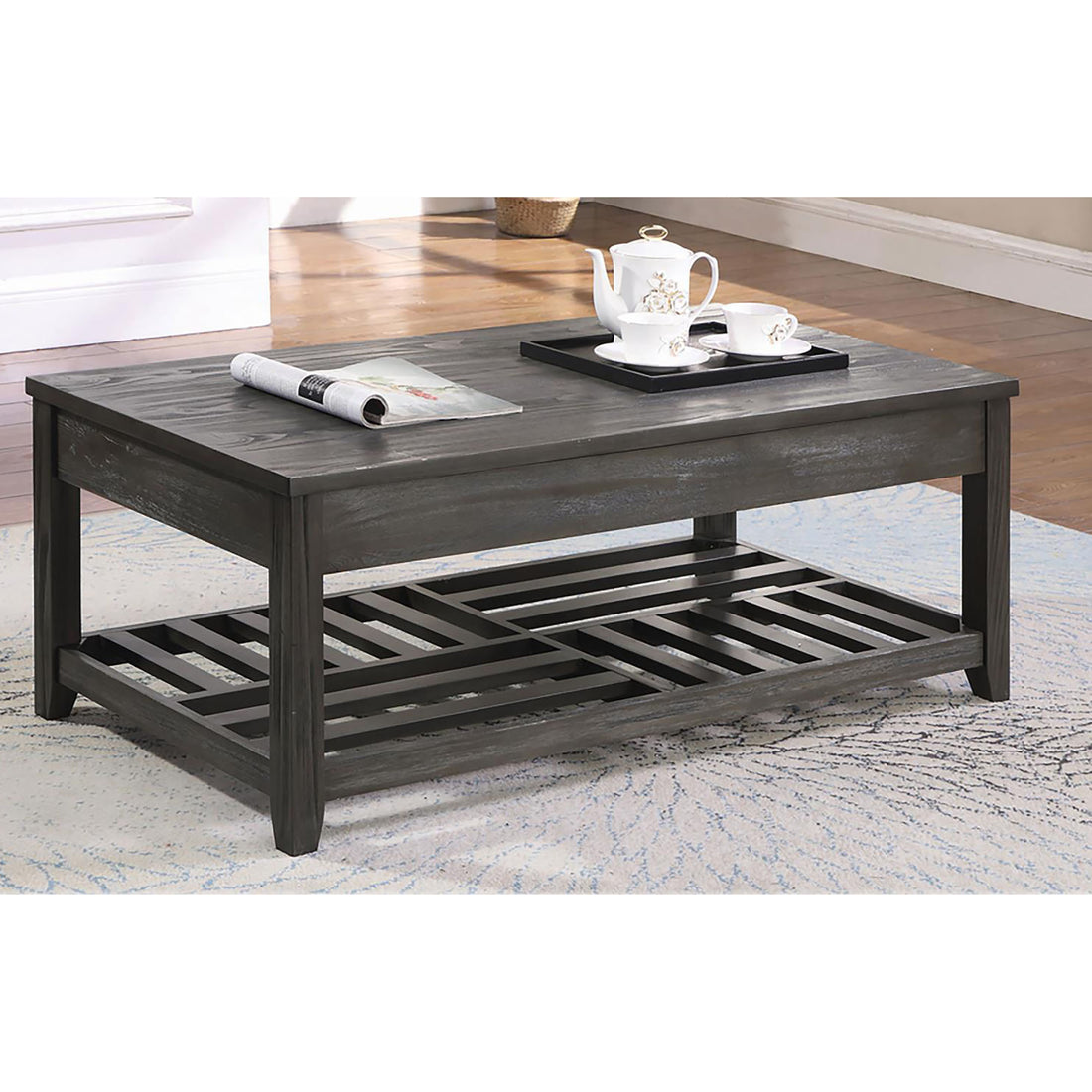 Grey Lift Top Coffee Table Grey Gray Primary Living Space Transitional Pine Rectangular Shelves Coffee & End Tables Wood