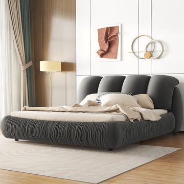 King Size Luxury Upholstered Bed With Thick Headboard, Velvet King Bed With Oversized Padded Backrest, Gray Expect Arrive Date 2024 3 15 King Gray Velvet