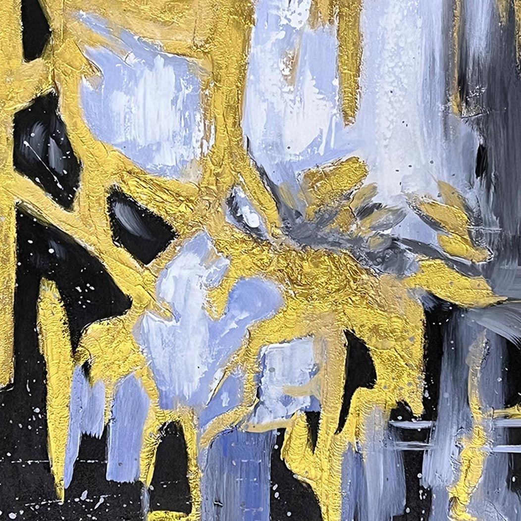 Home Hand Painted "Gilded Abstract Embrace" Oil Painting 28"H X 40"W Yellow Black Canvas