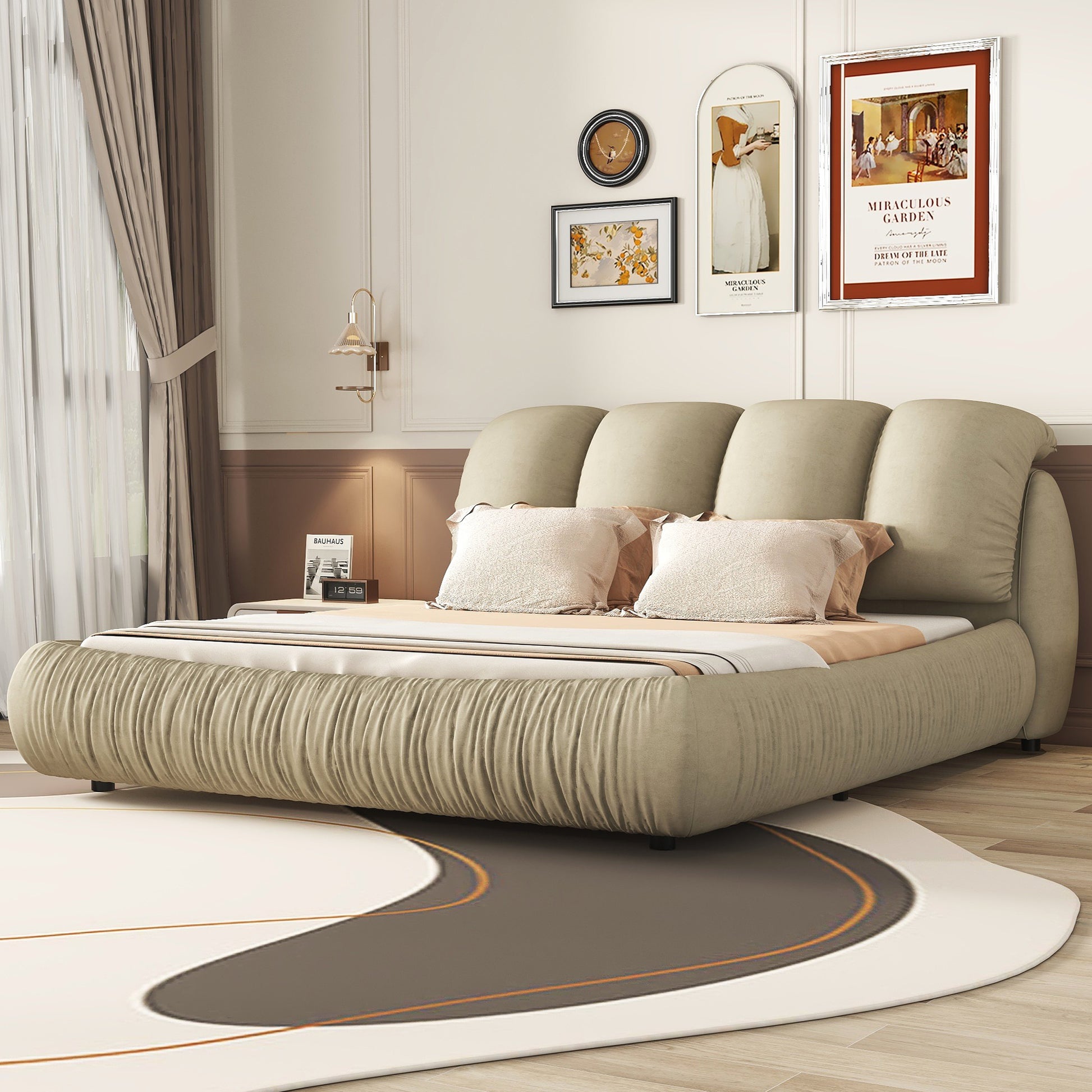 King Size Luxury Upholstered Bed With Thick Headboard, Velvet King Bed With Oversized Padded Backrest, Cinerous Expect Arrive Date 2024 3 9 King Stone Gray Velvet