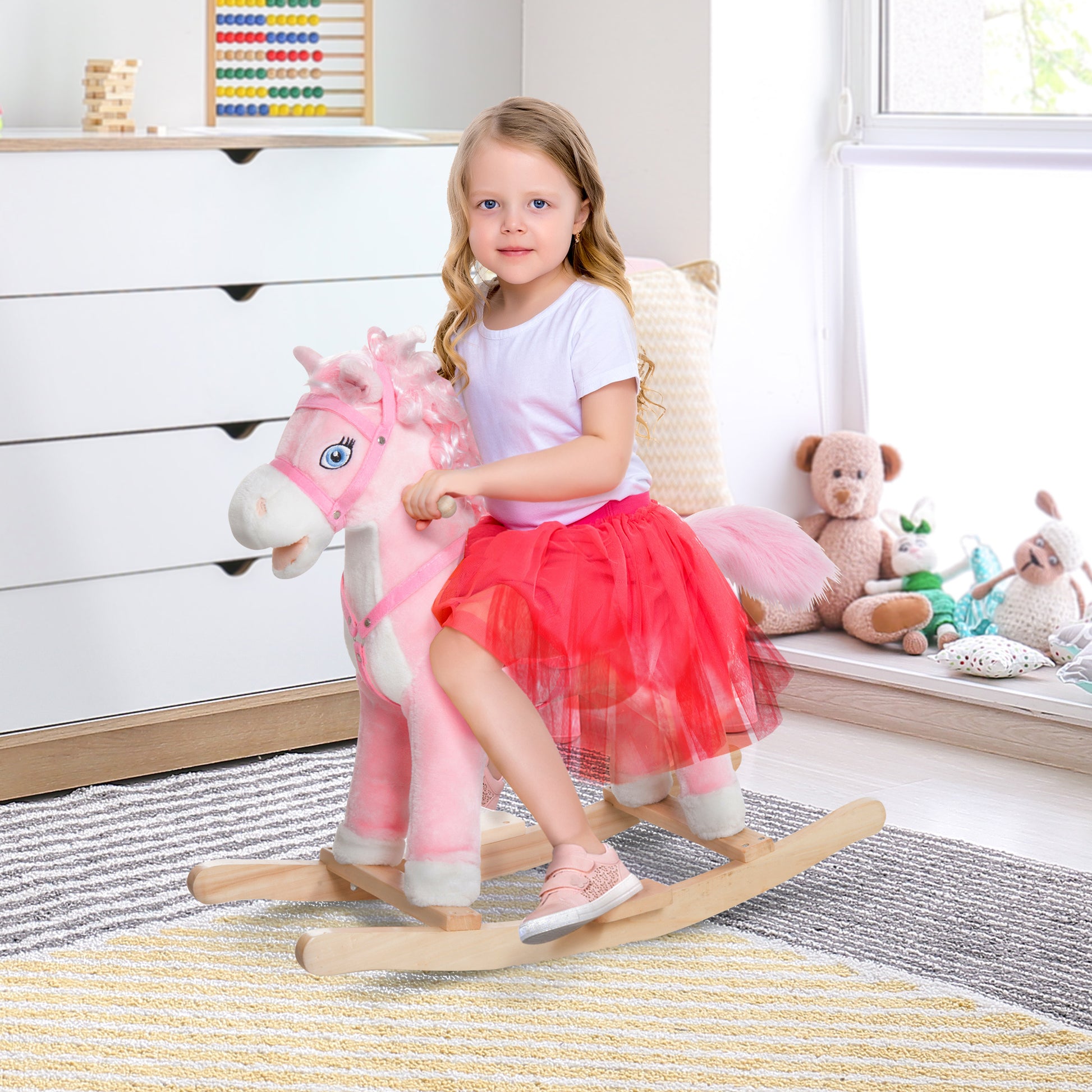 Kids Ride On Rocking Horse Toddler Plush Toy With Realistic Sounds And Swinging Tail For 3 Years Old Children Pink Wood