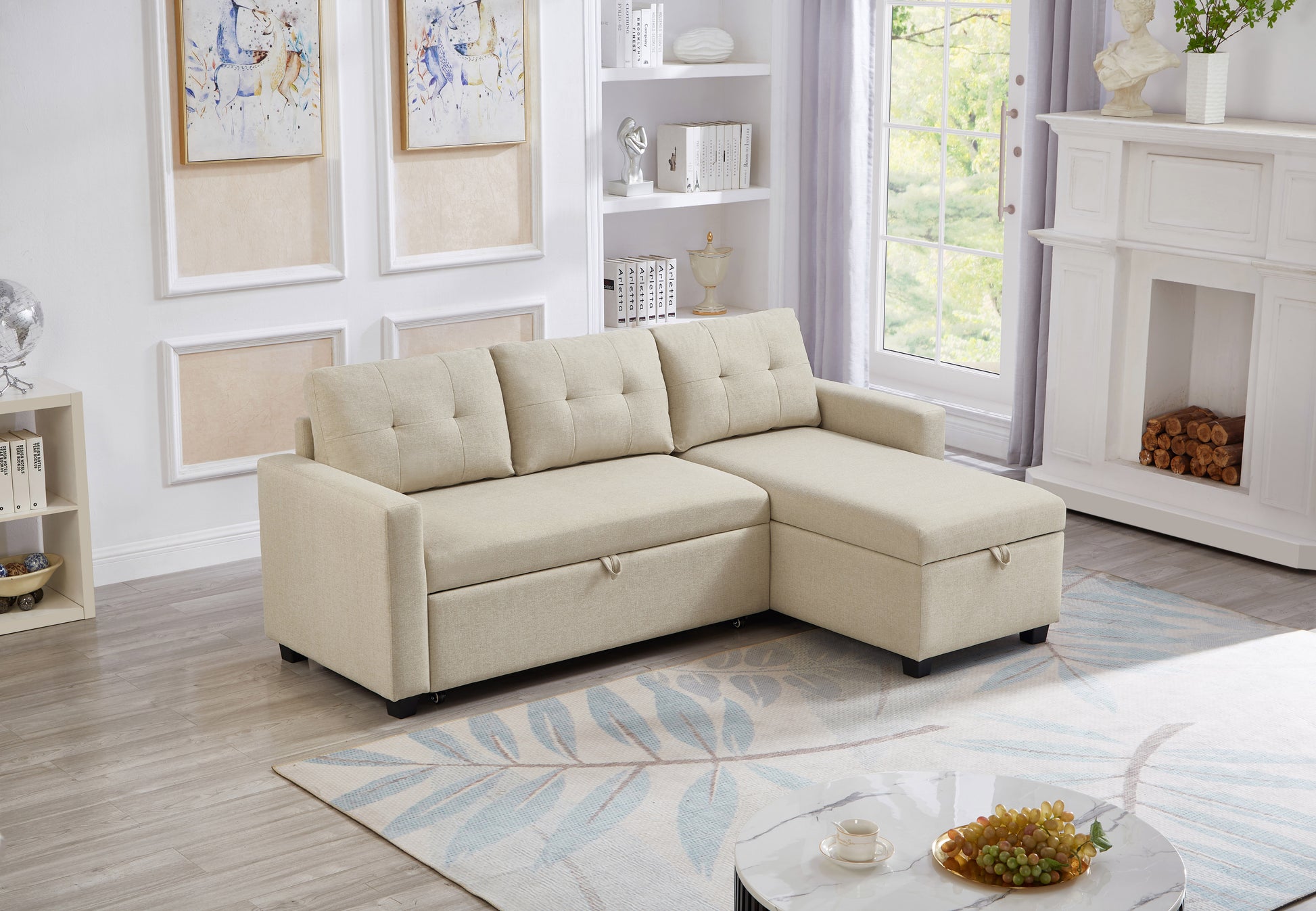 Upholstered Pull Out Sectional Sofa With Storage Chaise, Convertible Corner Couch, Beige Beige Wood Medium Soft Pillow Back Modern Square Arms Linen 3 Seat