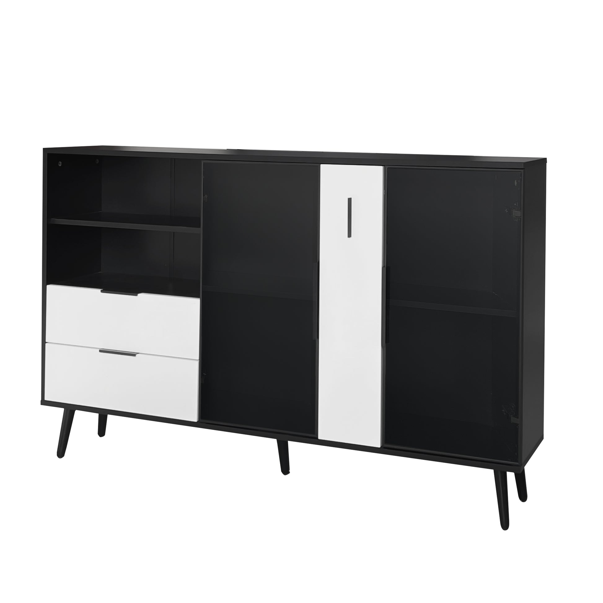 Featured Two Door Storage Cabinet With Two Drawers And Metal Handles, Suitable For Corridors, Entrances, Living Rooms. Black White Mdf