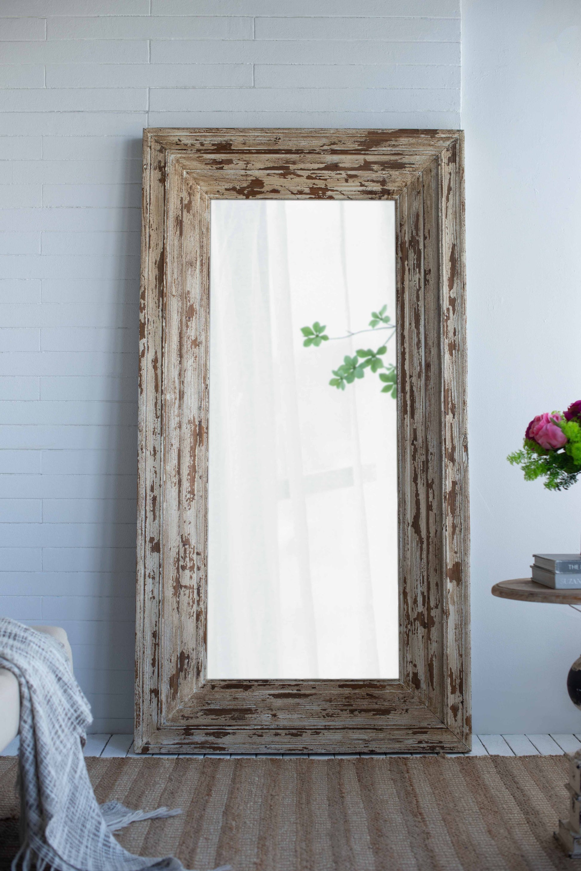 39X3.5X75" Full Length Rectangle Floor Mirror With Distressed Wood Frame Brown Wood
