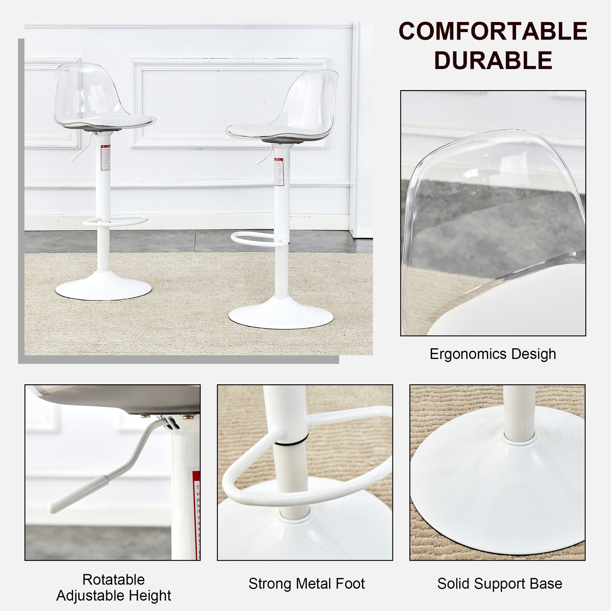 Modern Minimalist Bar Chairs And Bar Stools. Can Rotate 360 And Adjust Lifting. Pet Backrest And Pu Seats. Set Of 2. Suitable For Bars, Restaurants, And Front Desk Cashiers. White Pu