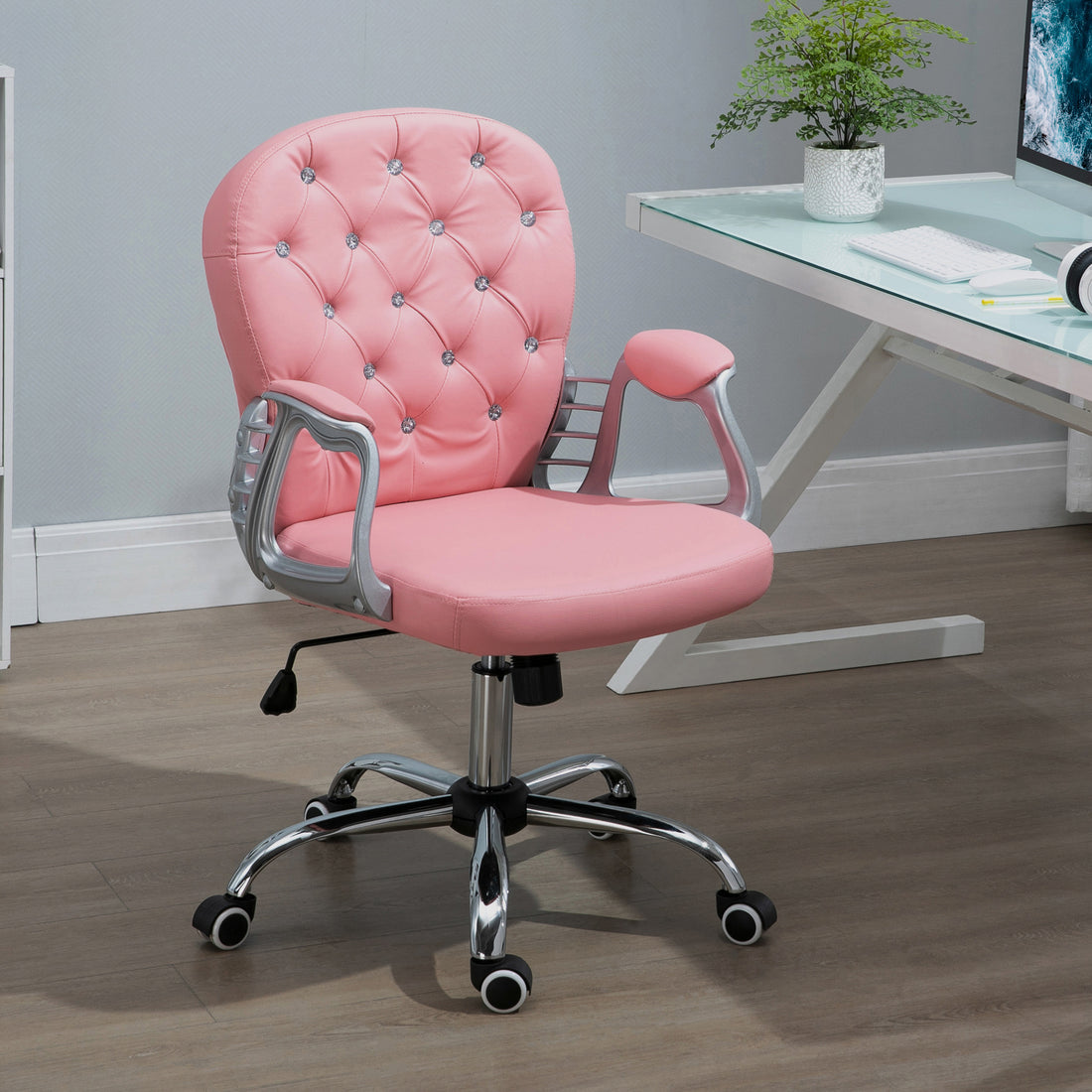 Pu Leather Home Office Chair, Button Tufted Desk Chair With Padded Armrests, Adjustable Height And Swivel Wheels, Pink Pink Faux Leather