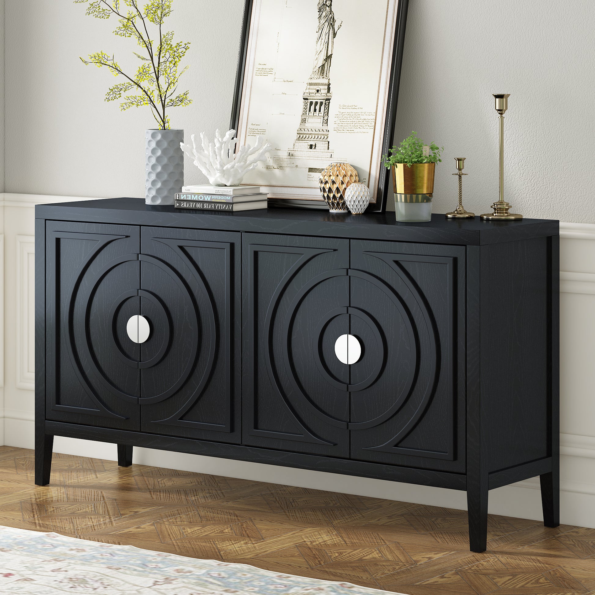 Retro Sideboard Door With Circular Groove Design Round Metal Door Handle For Entrance, Dinning Room, Living Room Black Black Mdf