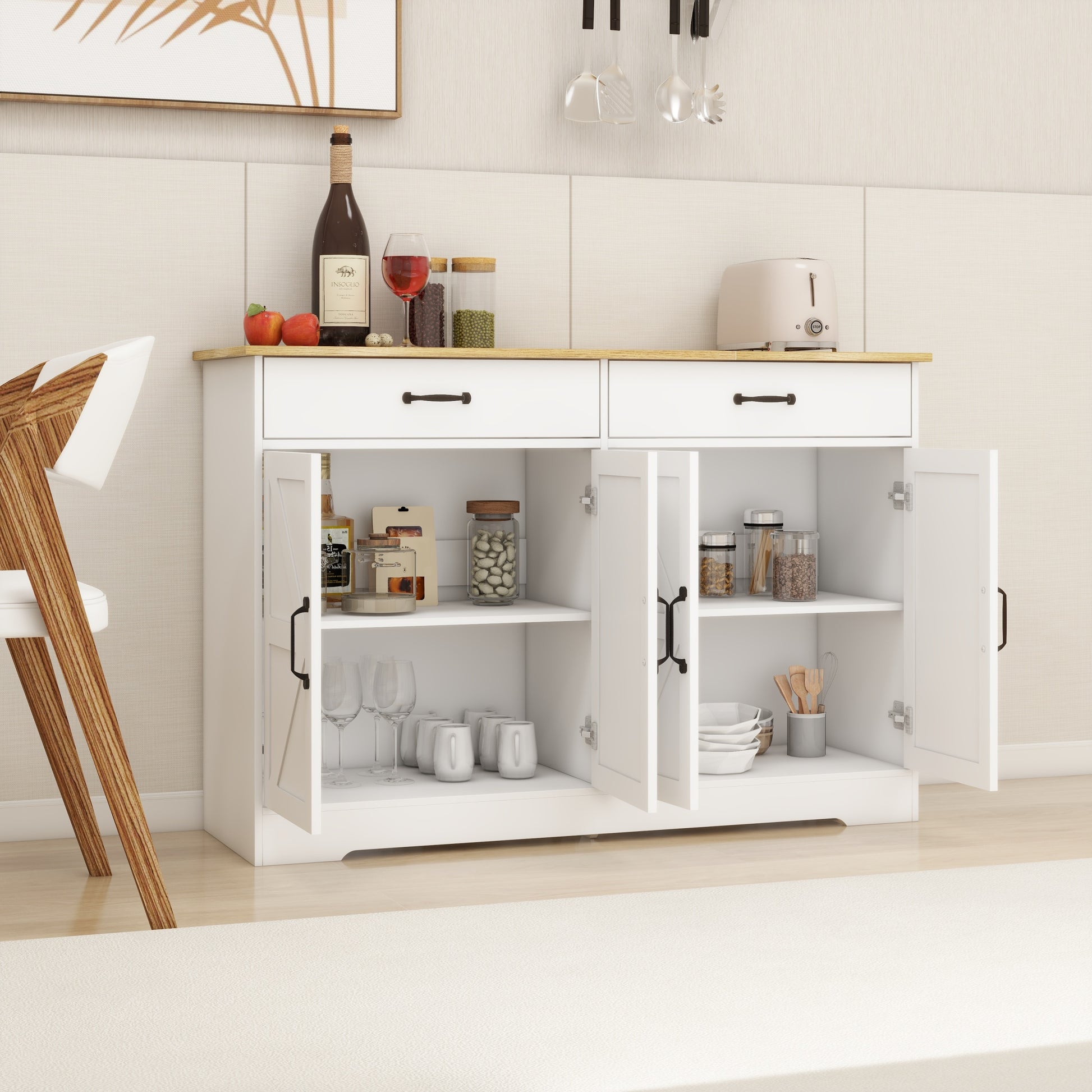 47.95" Farmhouse Buffet Cabinet Storage Sideboard With 2 Drawers And 4 Doors For Dining Living Room Kitchen Cupboard White White Mdf