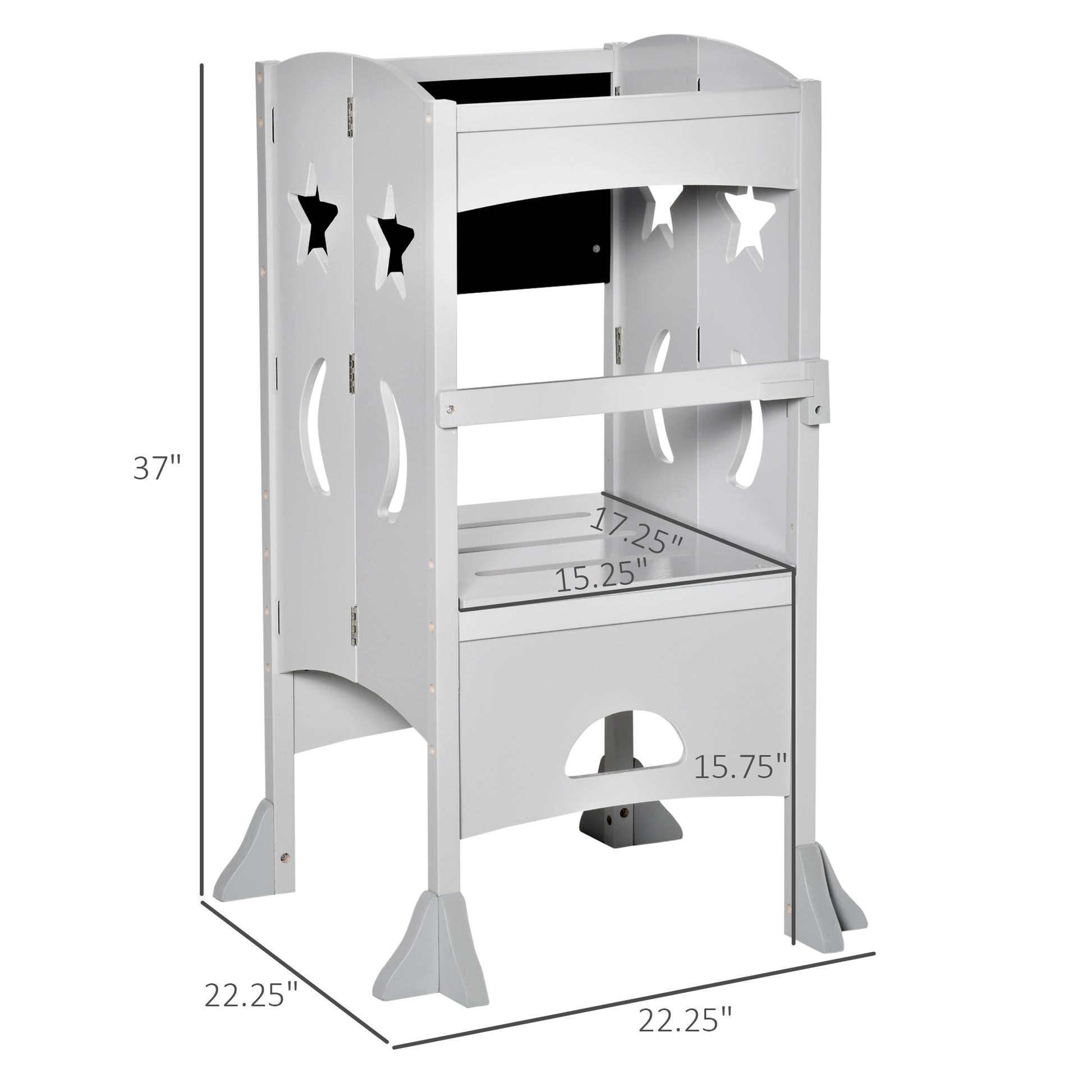 Kids Kitchen Step Stool Foldable Child Standing Tower With Chalkboard. Lockable Handrail For Children 3 6 Years Old, Grey Gray Mdf