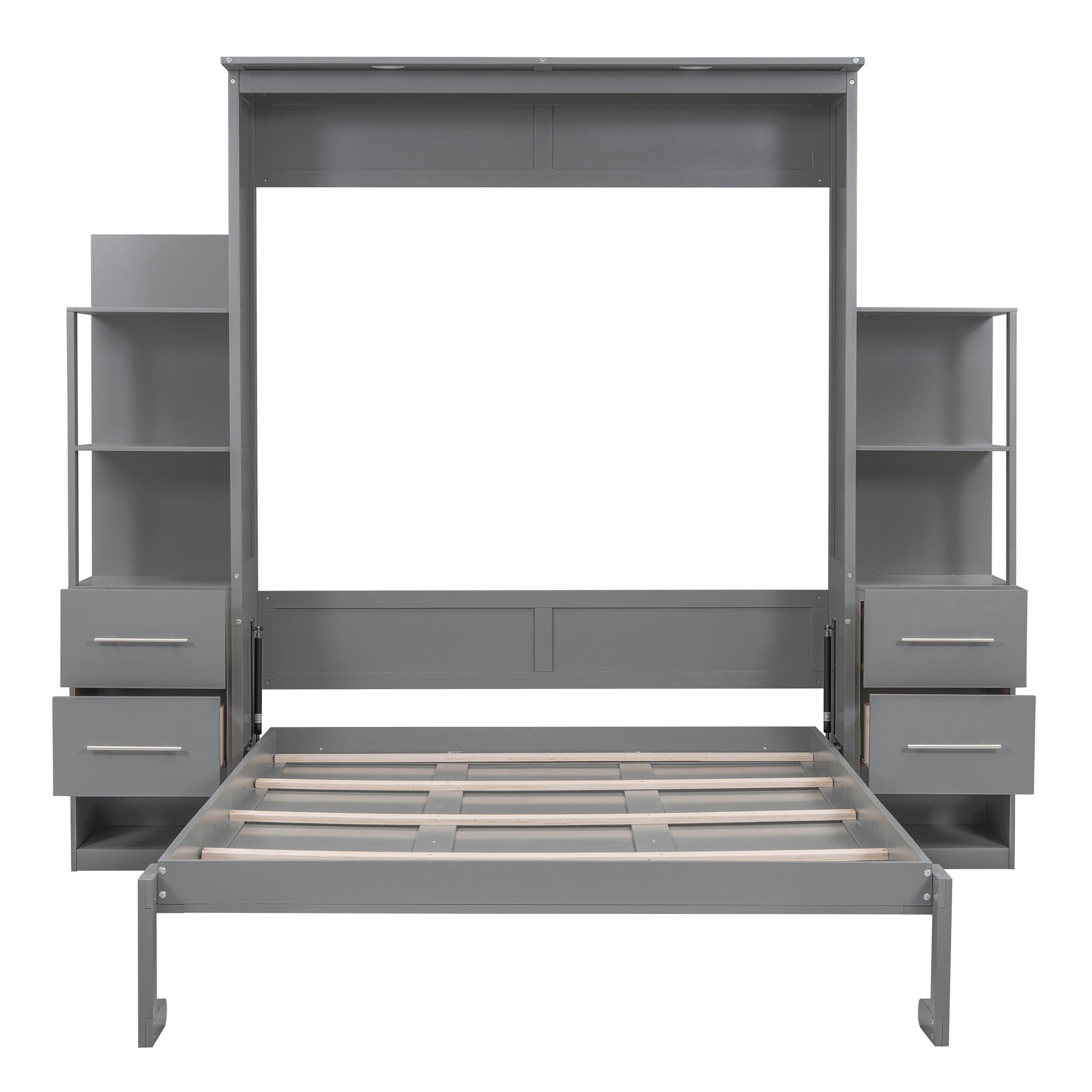 Queen Size Murphy Bed Wall Bed With Shelves, Drawers And Led Lights,Gray Queen Gray Mdf Lvl