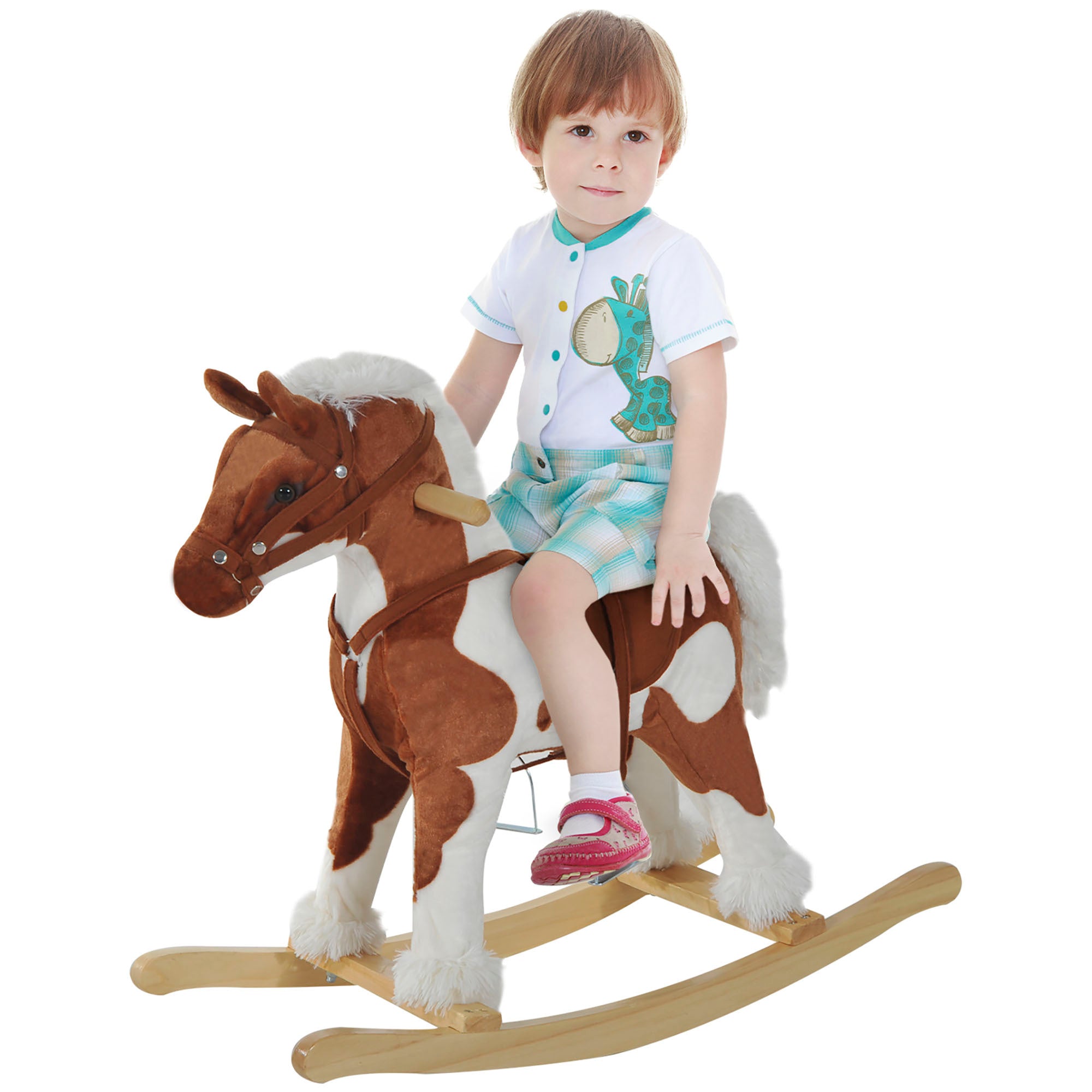 Wooden Toddler Rocking Horse, Kids Plush Rocking Chair Toy With Nursery Rhyme Music Brown Brown Wood