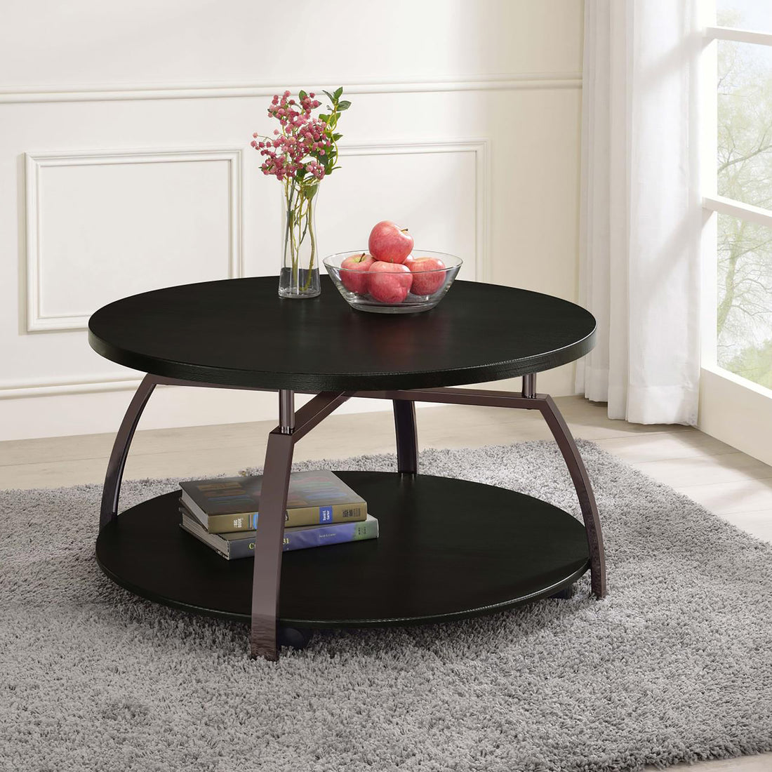 Dark Grey And Black Nickel Round Coffee Table Black Casters Or Wheels Primary Living Space Contemporary,Modern Tabeltop Round Shelves Coffee & End Tables Wood