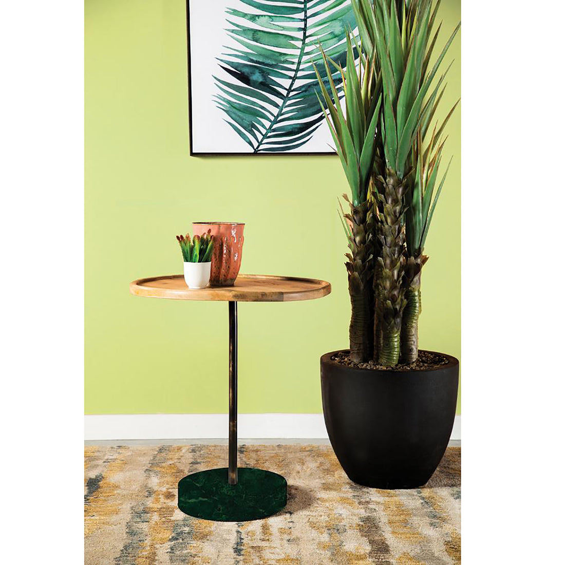 Natural And Green Round Marble Base Accent Table Brown Primary Living Space Farmhouse,Rustic Tabeltop Mango Round Coffee & End Tables Wood Pedestal