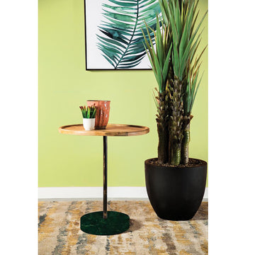 Natural And Green Round Marble Base Accent Table Brown Primary Living Space Farmhouse,Rustic Tabeltop Mango Round Coffee & End Tables Wood Pedestal