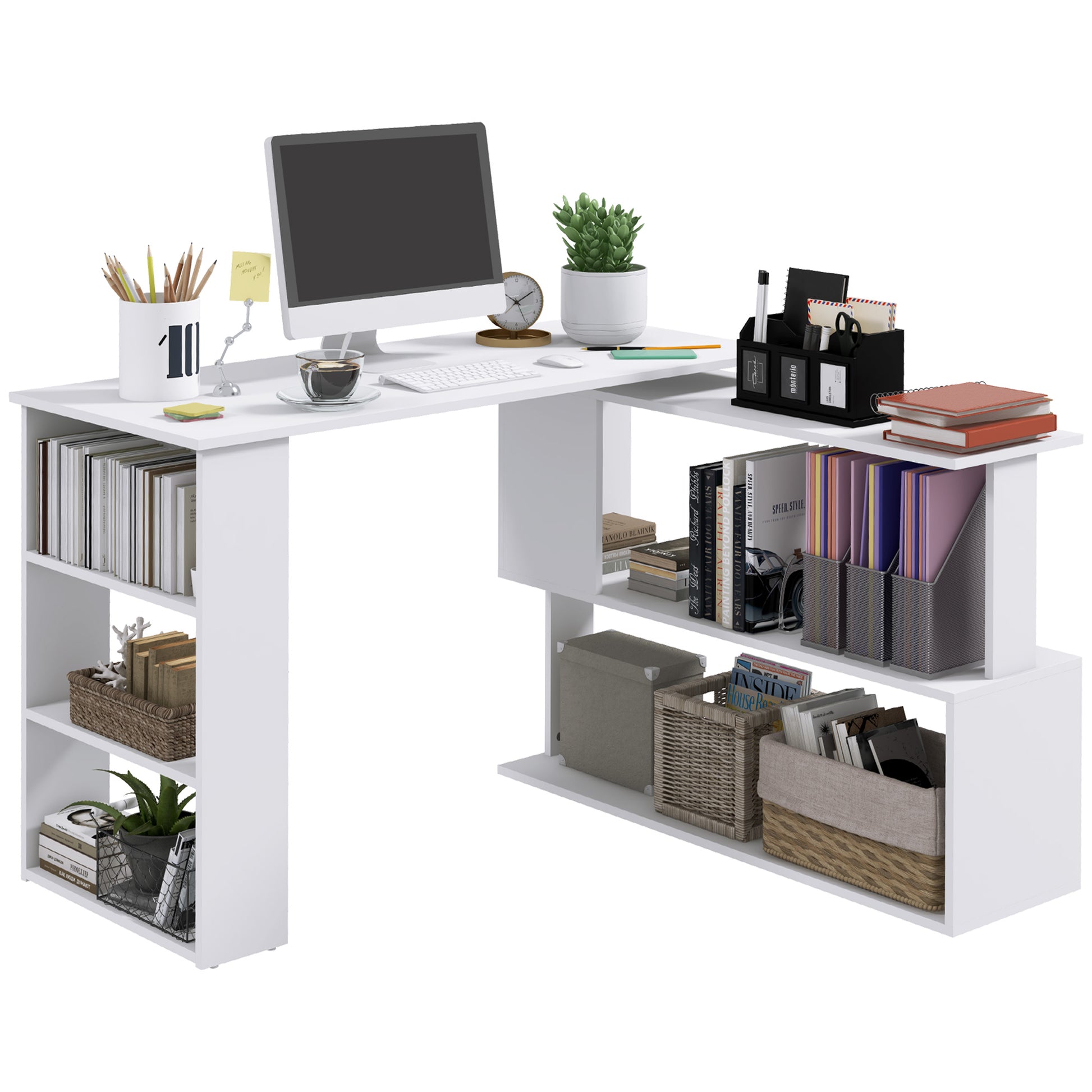 L Shaped Corner Desk, 360 Degree Rotating Home Office Desk With Storag