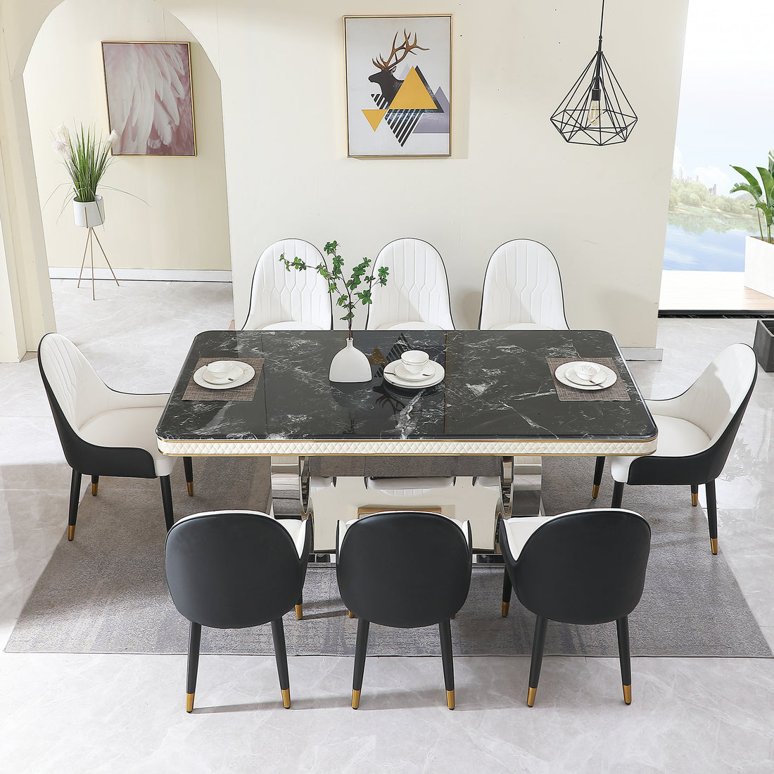 Luxury Modern Dining Table 78.7Inch Black Dining Table With 8 Chairs Faux Marble Dining Table Top With Dual Circle Base Dining Table Only Black Artificial Marble