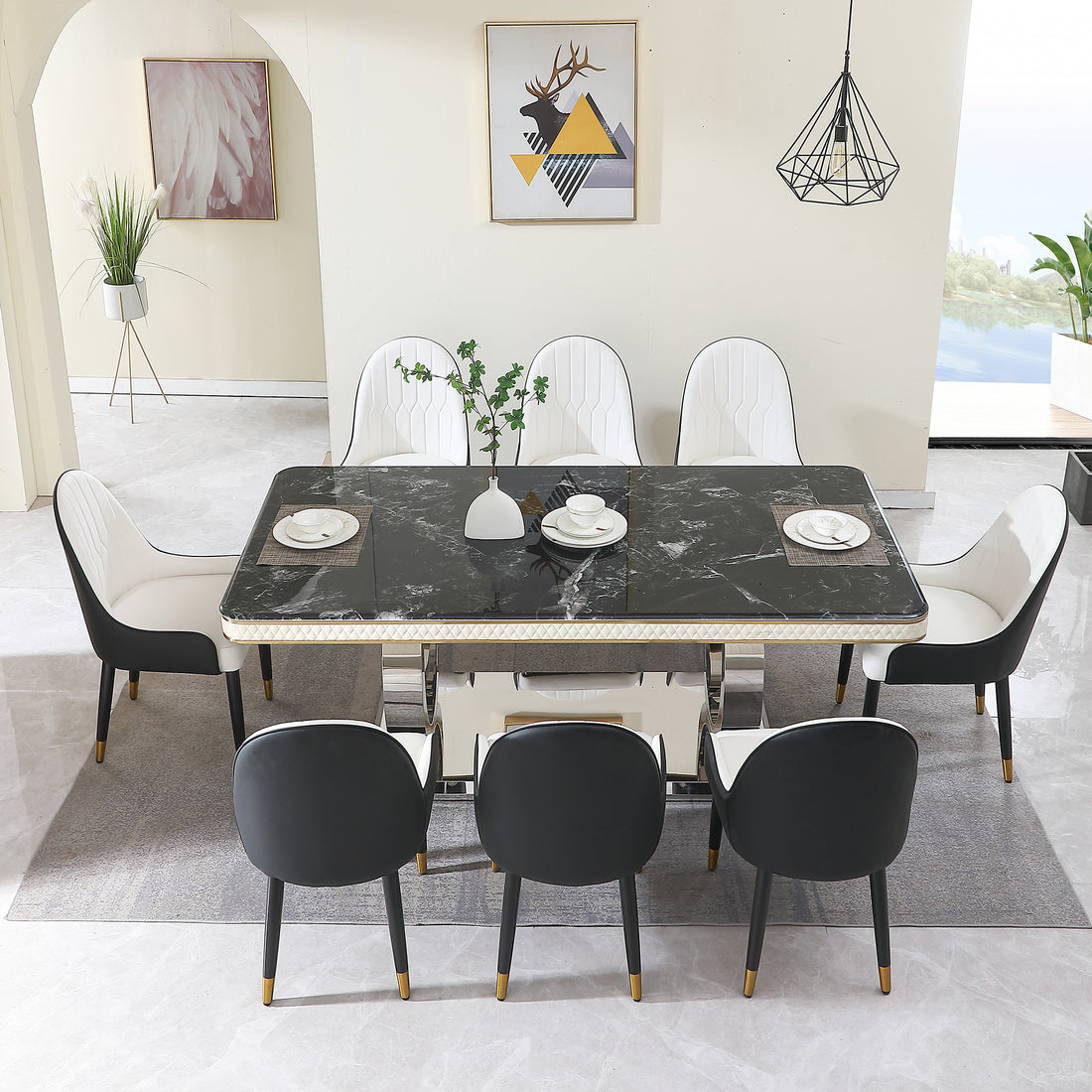 Luxury Modern Dining Table 78.7Inch Black Dining Table With 8 Chairs Faux Marble Dining Table Top With Titanium Plated Dual Circle Base With 8Pcs Chairs . Black Artificial Marble