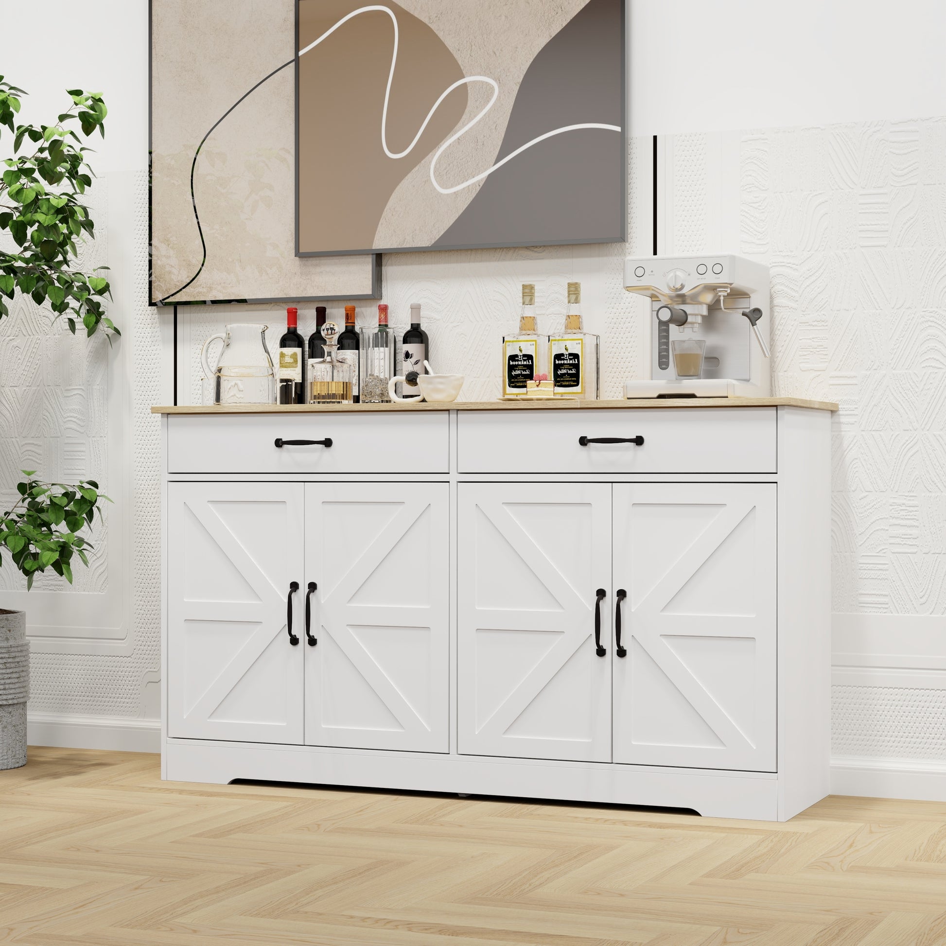 55.91" Large Farmhouse Buffet Cabinet Storage Sideboard With 2 Drawers And 4 Doors For Dining Living Room Kitchen Cupboard White White Mdf