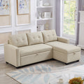 Upholstered Pull Out Sectional Sofa With Storage Chaise, Convertible Corner Couch, Beige Beige Wood Medium Soft Pillow Back Modern Square Arms Linen 3 Seat