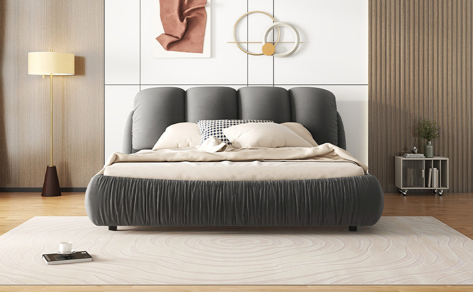 King Size Luxury Upholstered Bed With Thick Headboard, Velvet King Bed With Oversized Padded Backrest, Gray Expect Arrive Date 2024 3 15 King Gray Velvet