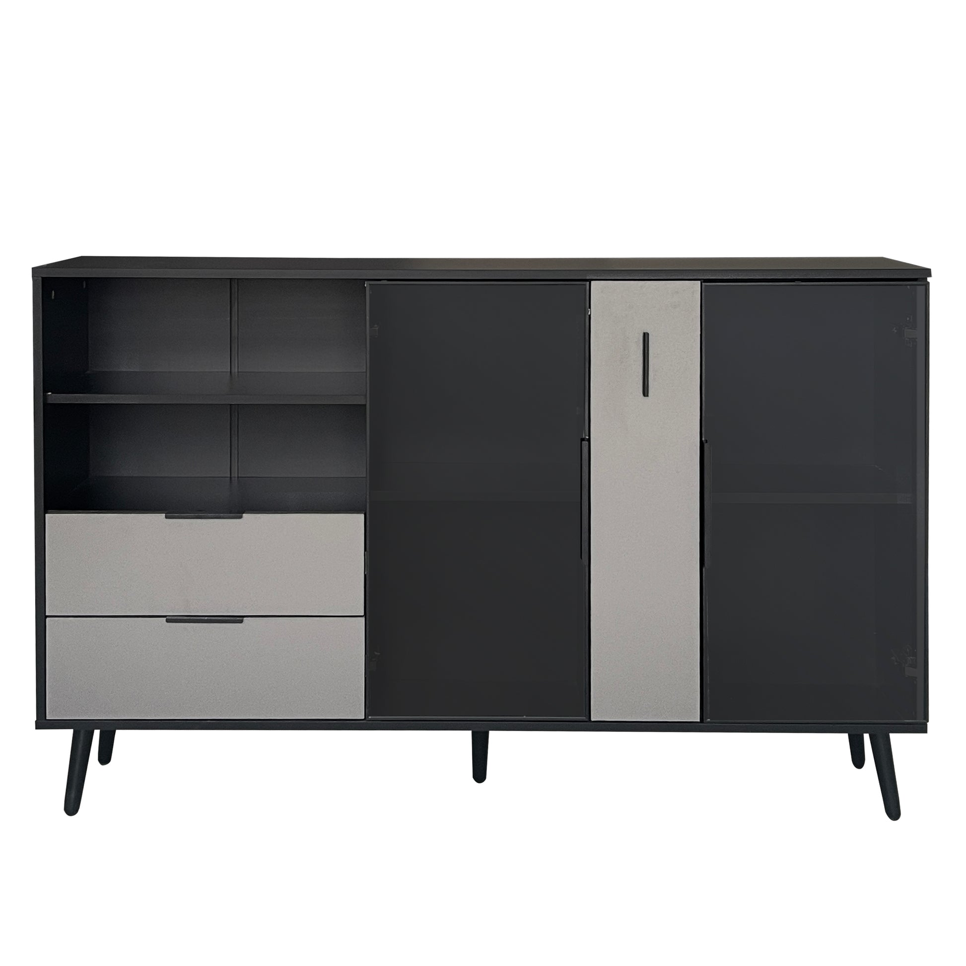 Featured Two Door Storage Cabinet With Two Drawers And Metal Handles, Suitable For Corridors, Entrances, Living Rooms. Black Gray Mdf