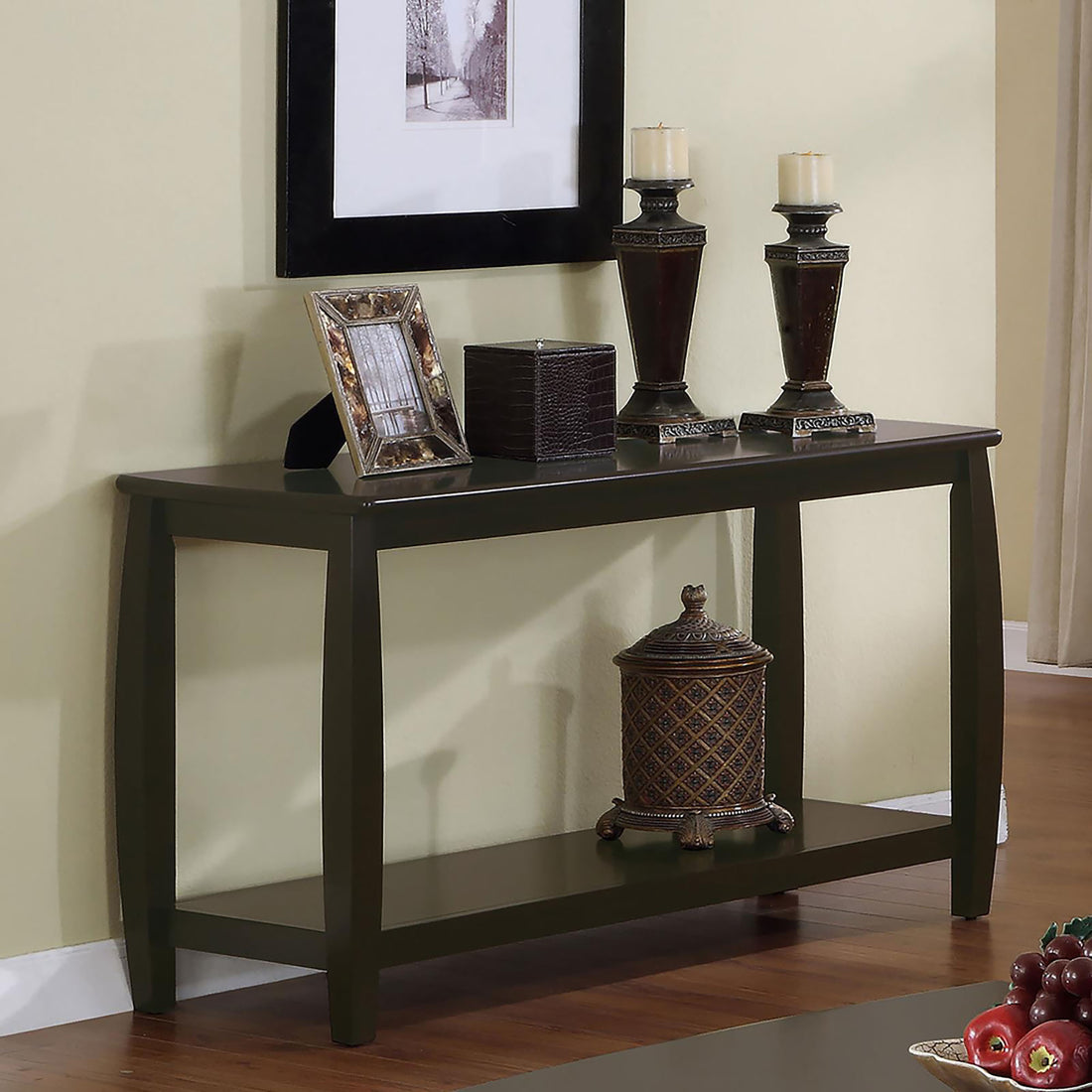 Cappuccino Rectangular Sofa Table Brown Espresso Primary Living Space Transitional Tabeltop Rectangular Shelves Console Tables Wood