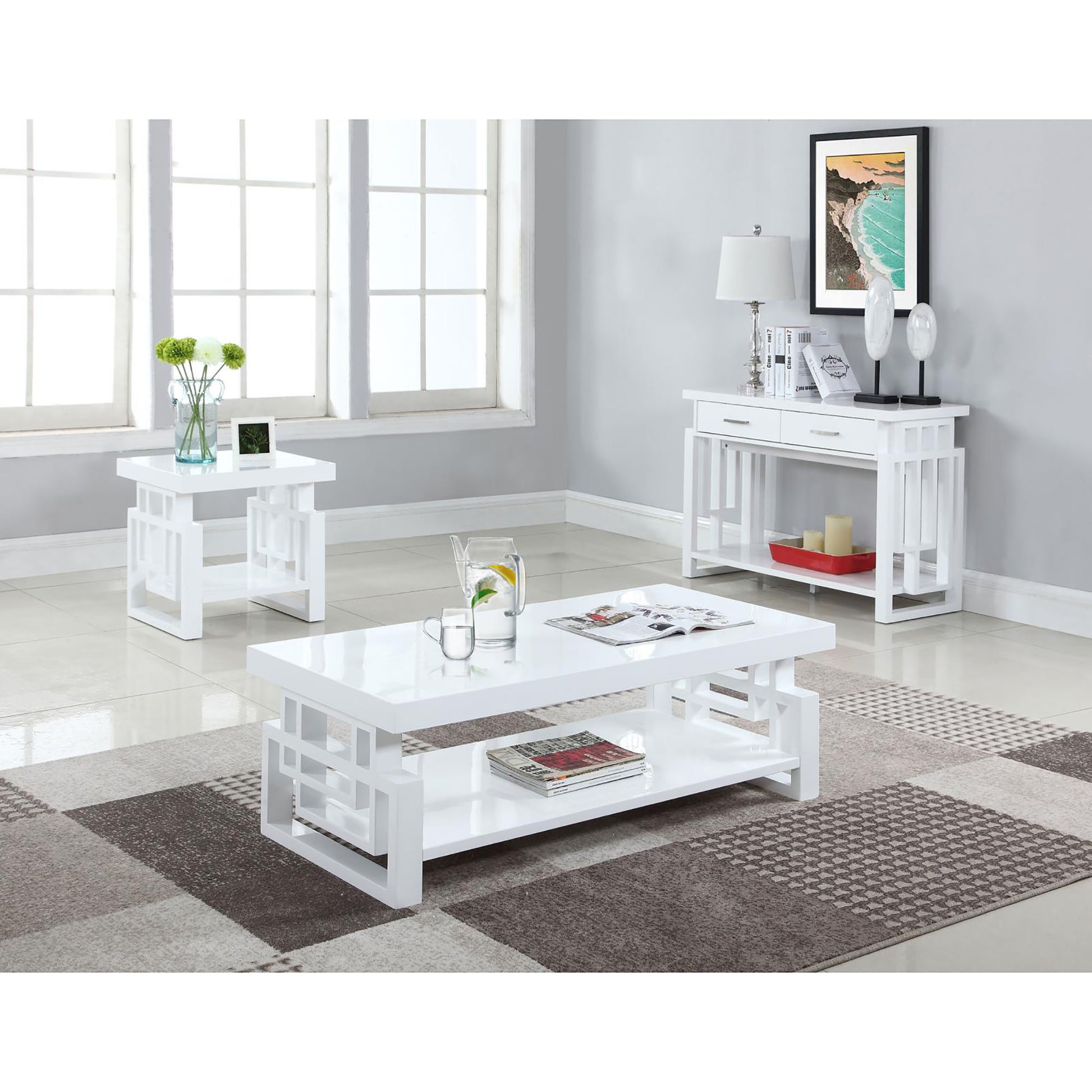 Glossy White 2 Drawer Sofa Table White Primary Living Space Transitional Rectangular Drawers Console Tables Glossy Wood