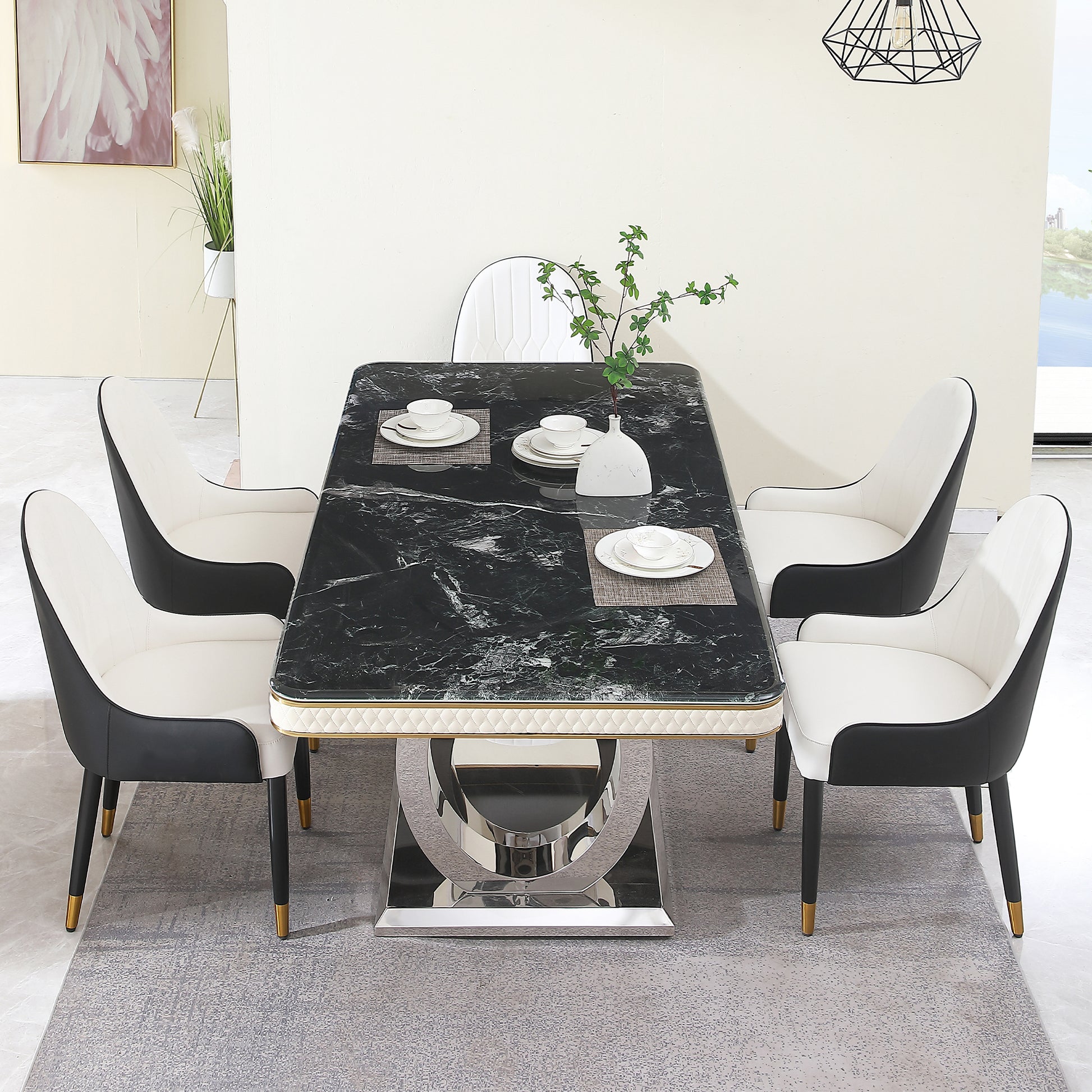 Luxury Modern Dining Table 78.7Inch Black Dining Table With 6 Chairs Faux Marble Dining Table Top With Titanium Plated Dual Circle Base With 6Pcs Chairs . Black Seats 6 Dining Room American Design