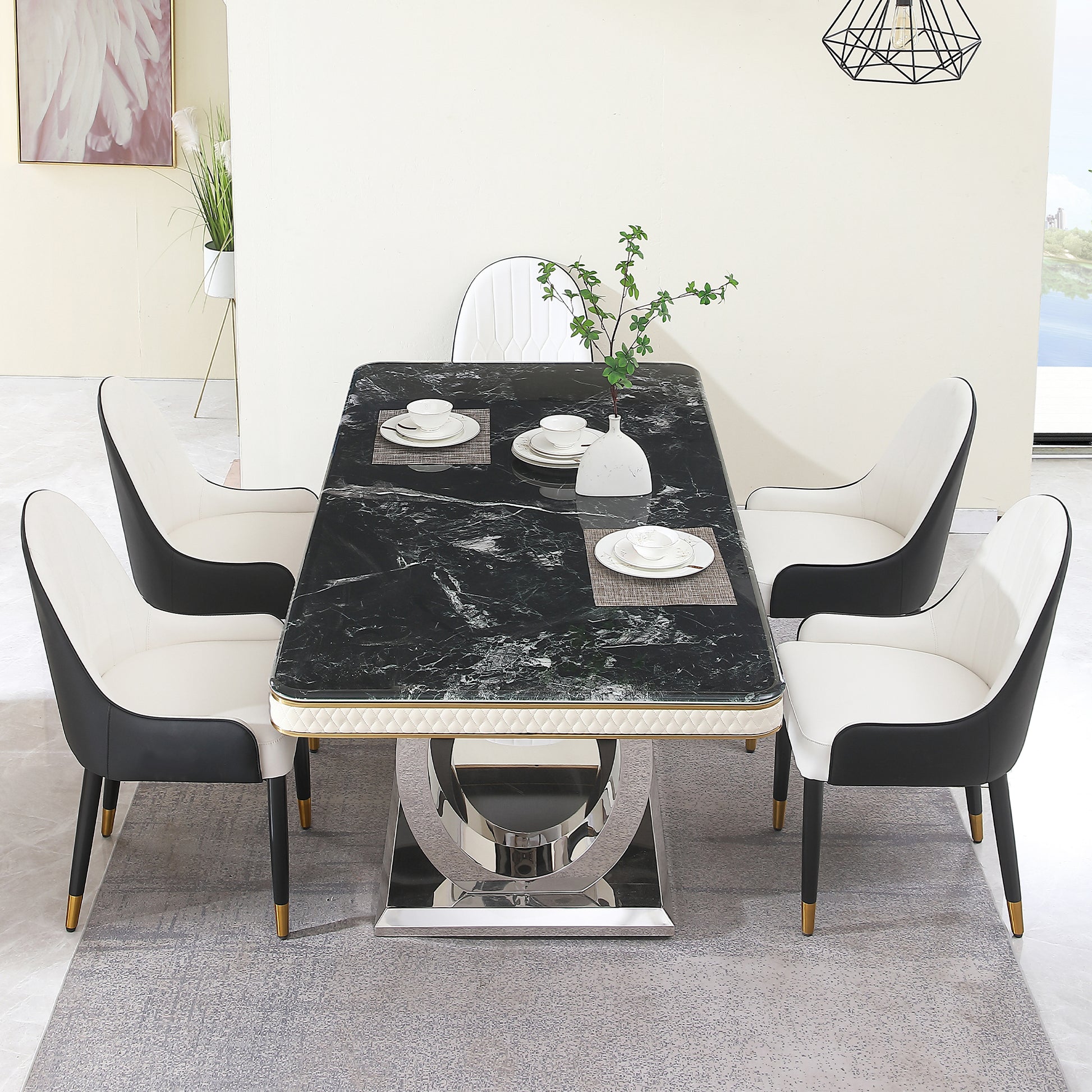 Luxury Modern Dining Table 78.7Inch Black Dining Table With 8 Chairs Faux Marble Dining Table Top With Dual Circle Base Dining Table Only Black Artificial Marble