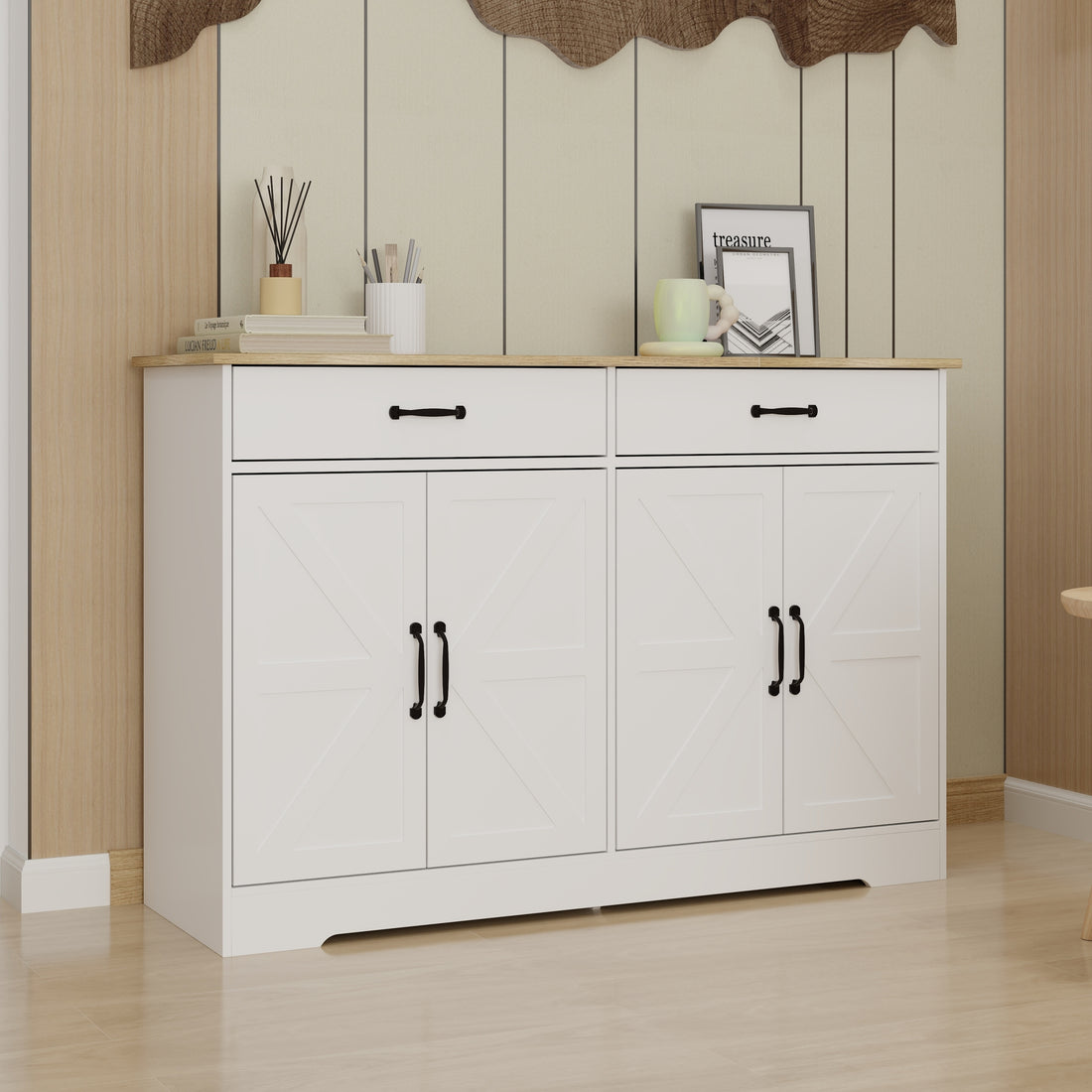 47.95" Farmhouse Buffet Cabinet Storage Sideboard With 2 Drawers And 4 Doors For Dining Living Room Kitchen Cupboard White White Mdf