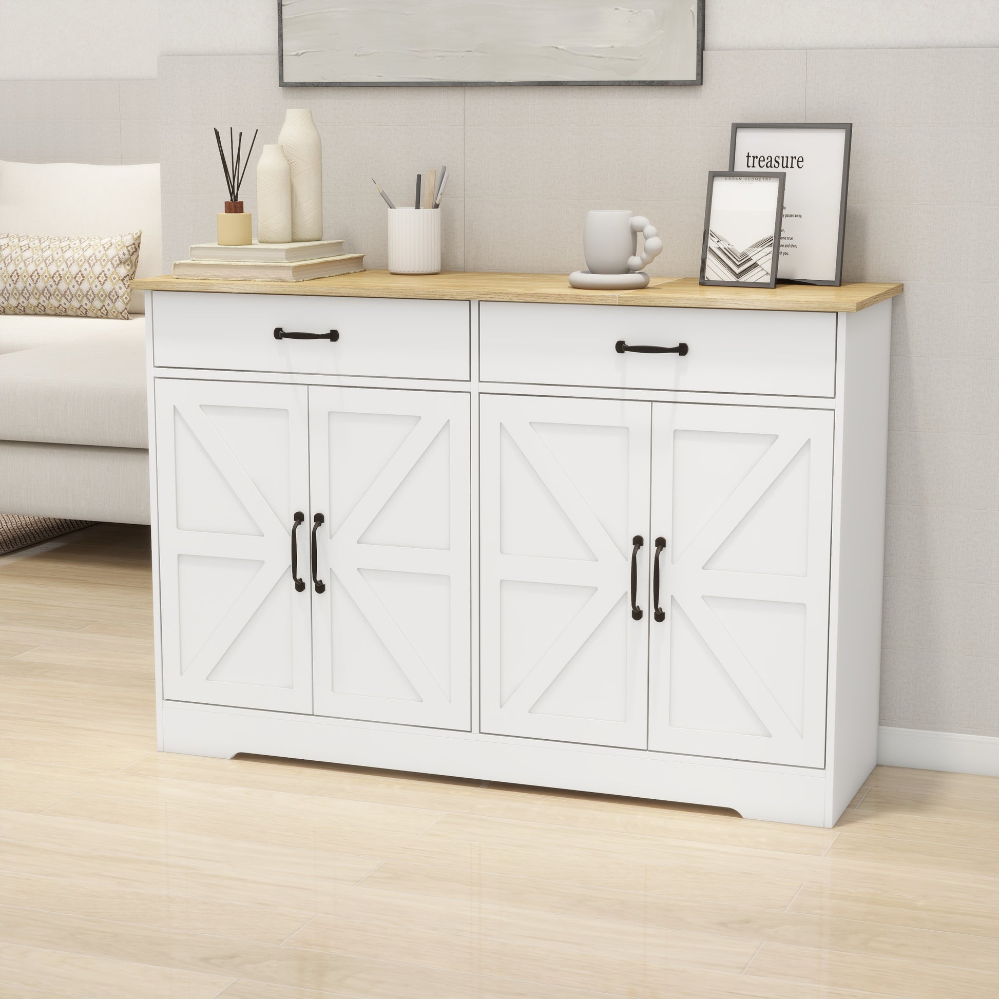 47.95" Farmhouse Buffet Cabinet Storage Sideboard With 2 Drawers And 4 Doors For Dining Living Room Kitchen Cupboard White White Mdf