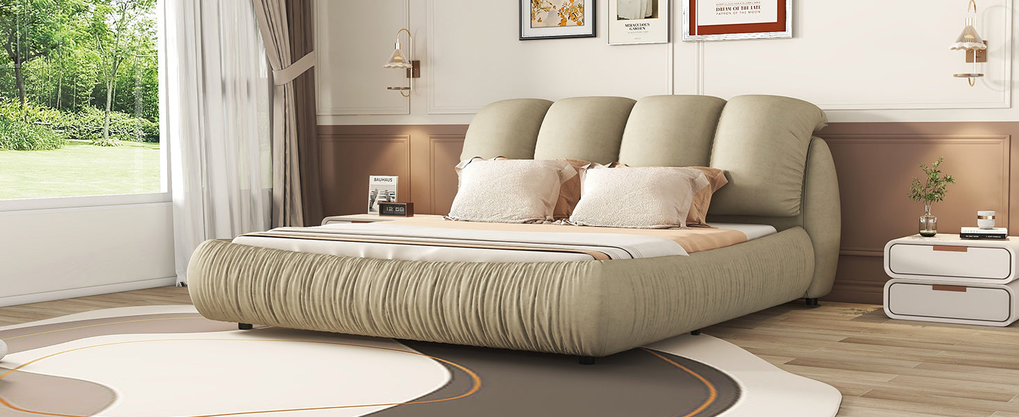 King Size Luxury Upholstered Bed With Thick Headboard, Velvet King Bed With Oversized Padded Backrest, Cinerous Expect Arrive Date 2024 3 9 King Stone Gray Velvet