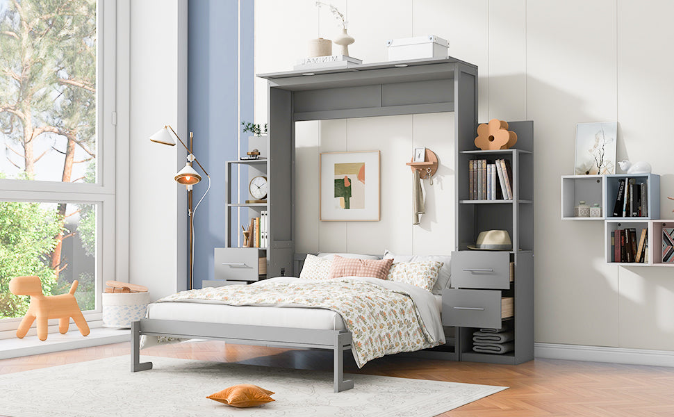 Queen Size Murphy Bed Wall Bed With Shelves, Drawers And Led Lights,Gray Queen Gray Mdf Lvl