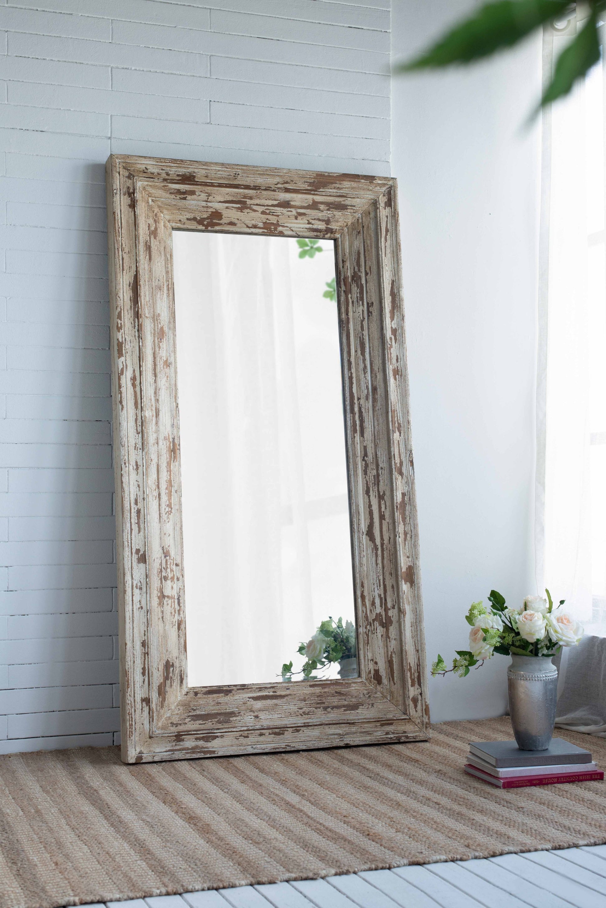 39X3.5X75" Full Length Rectangle Floor Mirror With Distressed Wood Frame Brown Wood