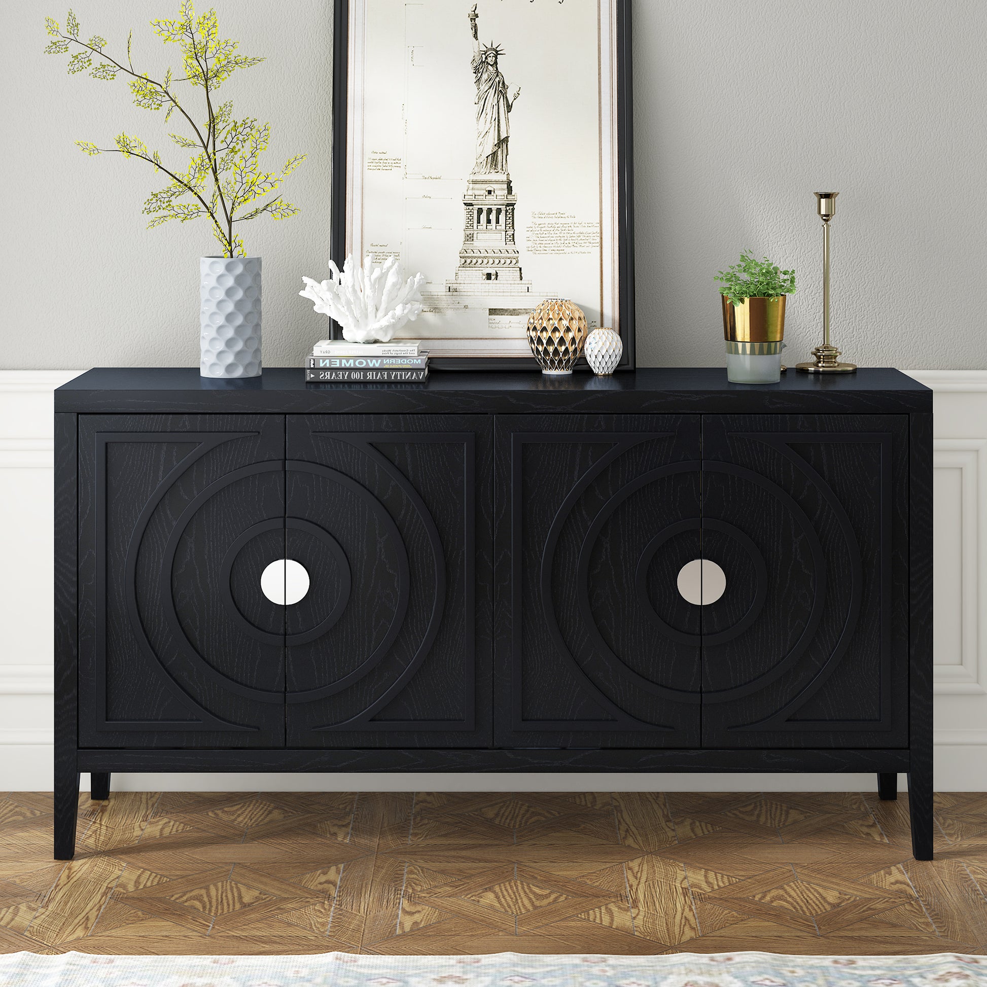 Retro Sideboard Door With Circular Groove Design Round Metal Door Handle For Entrance, Dinning Room, Living Room Black Black Mdf