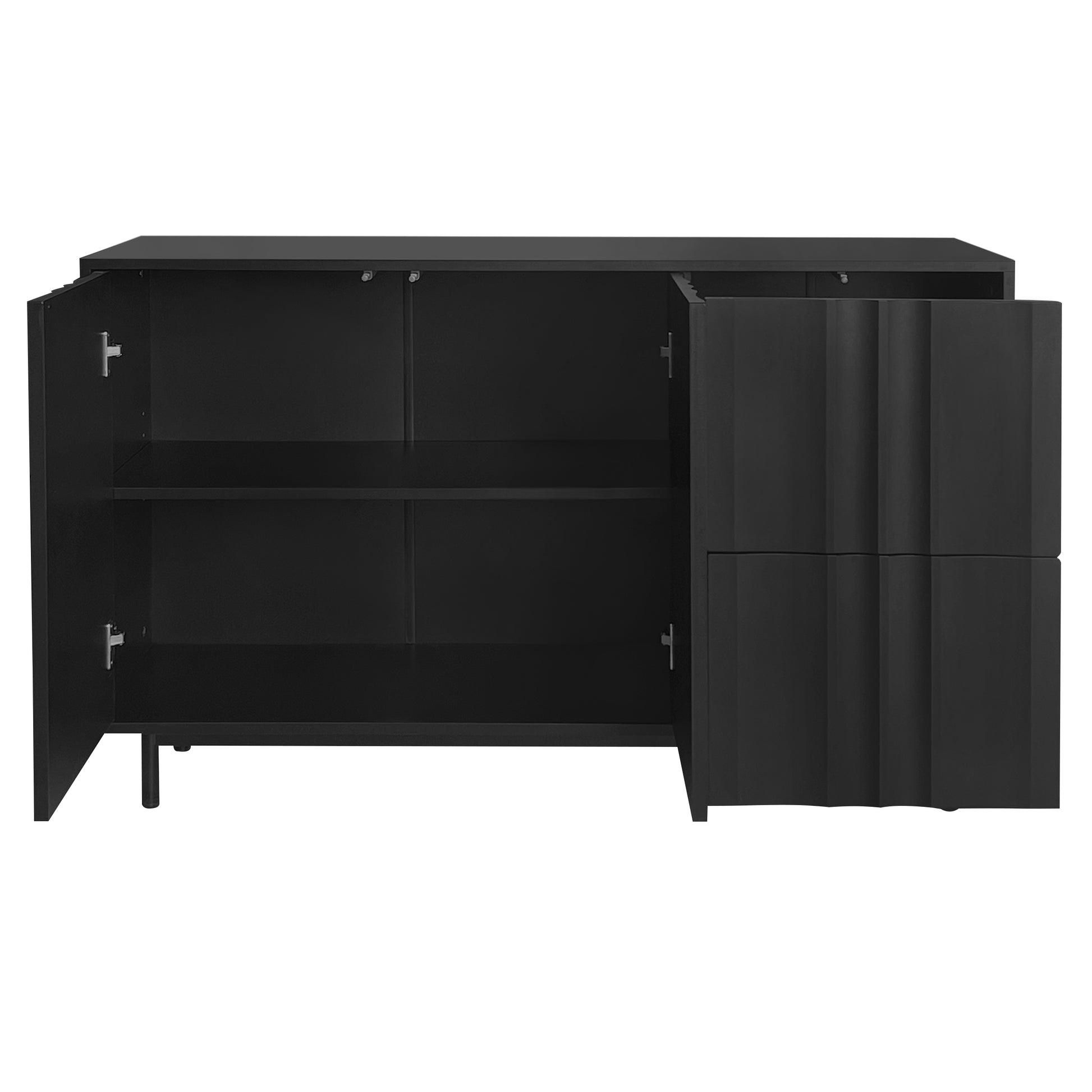 Wave Pattern Storage Cabinet With 2 Doors And 2 Drawers, Adjustable, Suitable For Study,Entrance And Living Room Black Mdf