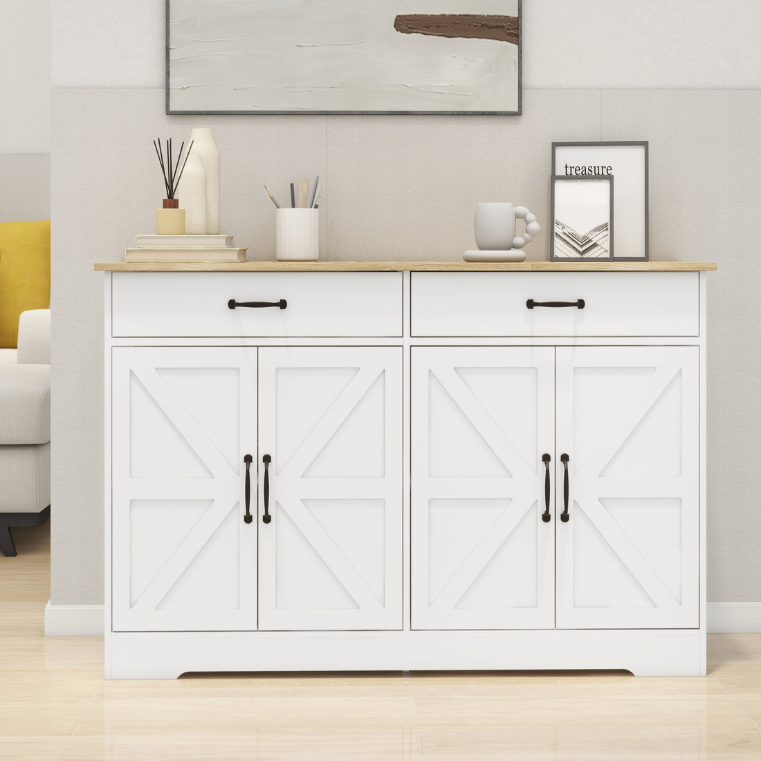 47.95" Farmhouse Buffet Cabinet Storage Sideboard With 2 Drawers And 4 Doors For Dining Living Room Kitchen Cupboard White White Mdf