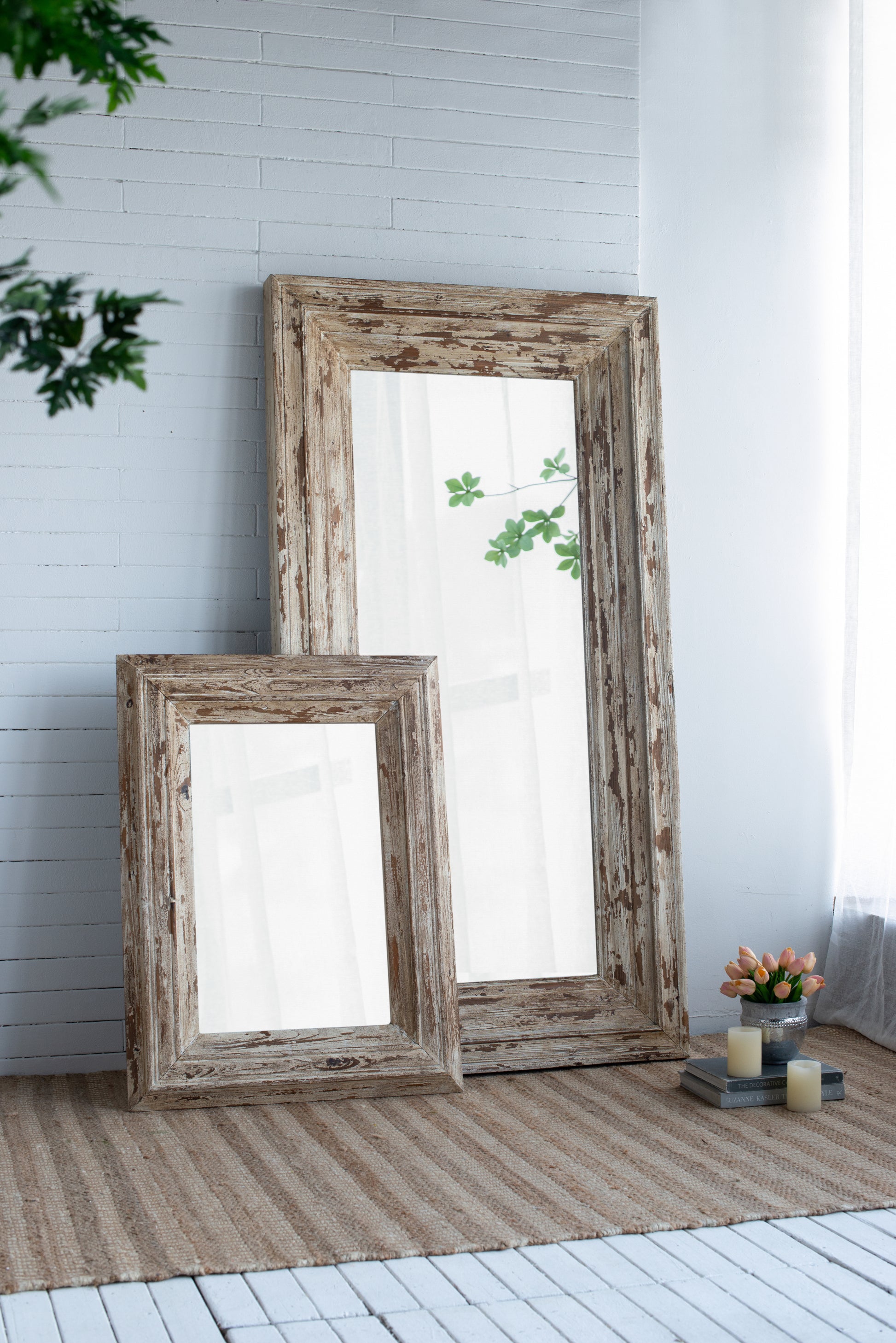 39X3.5X75" Full Length Rectangle Floor Mirror With Distressed Wood Frame Brown Wood