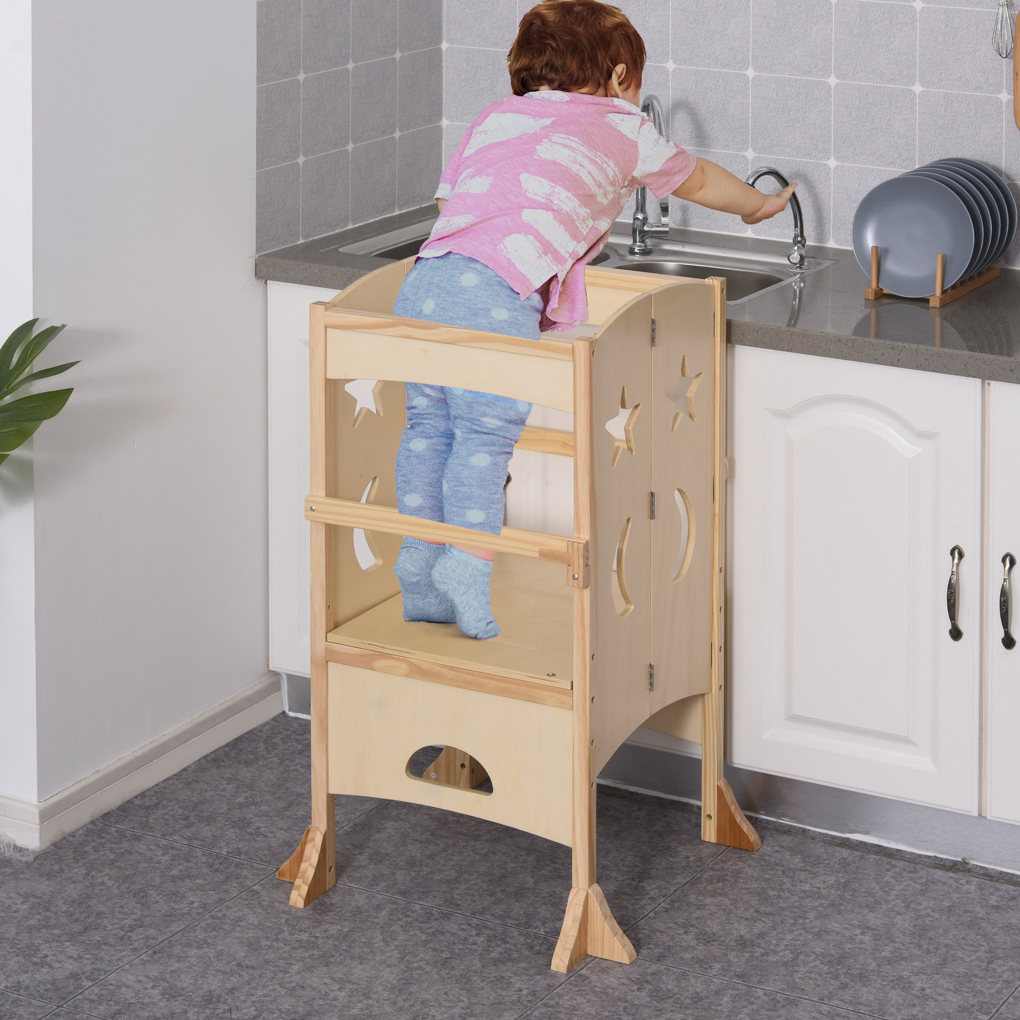 Wooden Kitchen Step Stool for Kids, Foldable