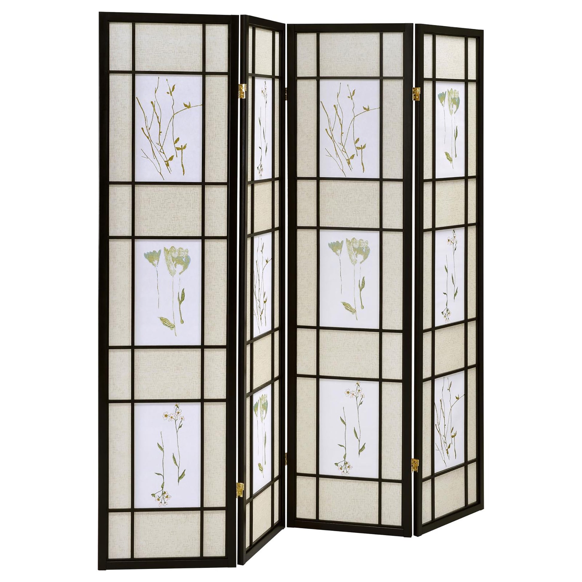 Floral And Black 4 Panel Folding Screen With Floral Motif Black Traditional Wood