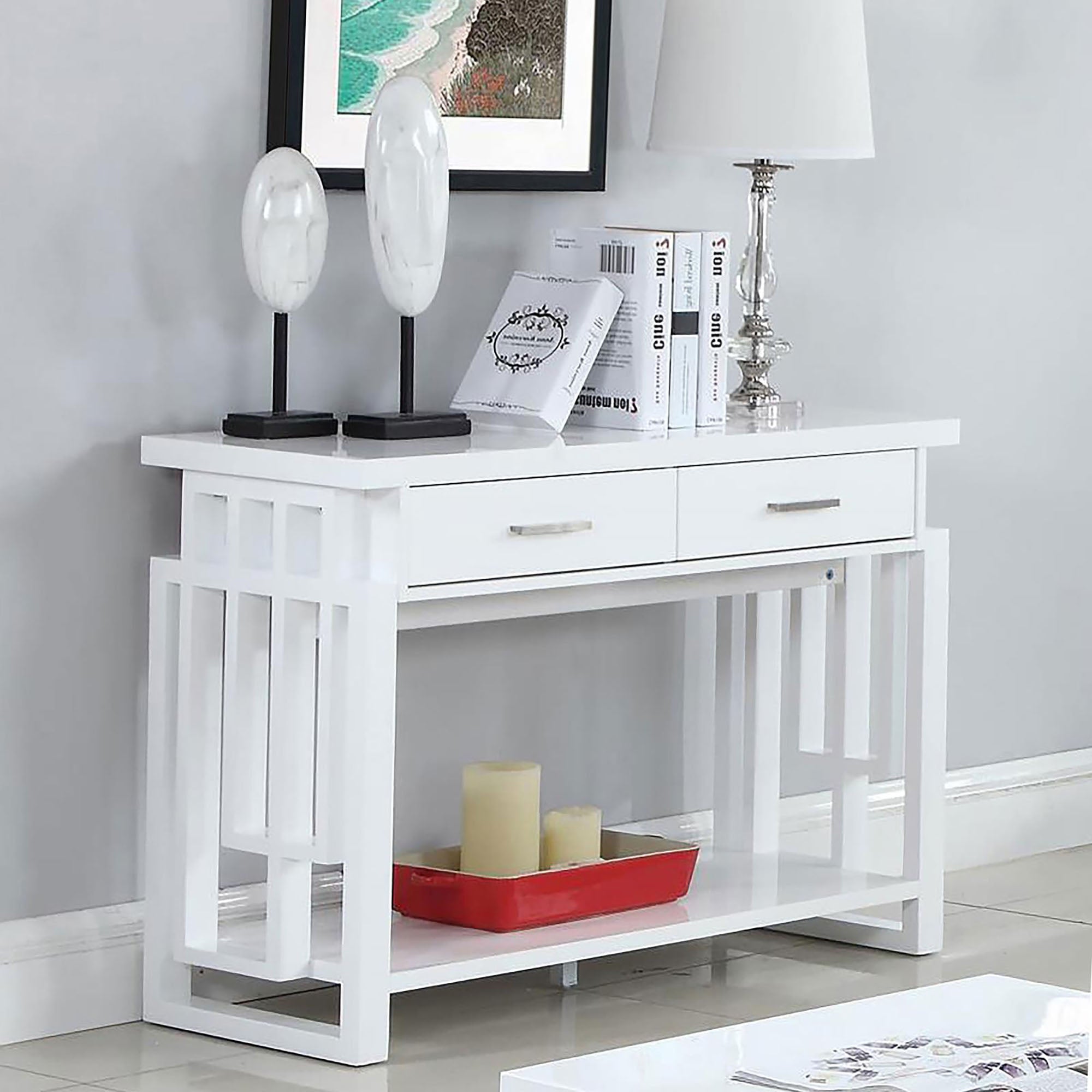 Glossy White 2 Drawer Sofa Table White Primary Living Space Transitional Rectangular Drawers Console Tables Glossy Wood