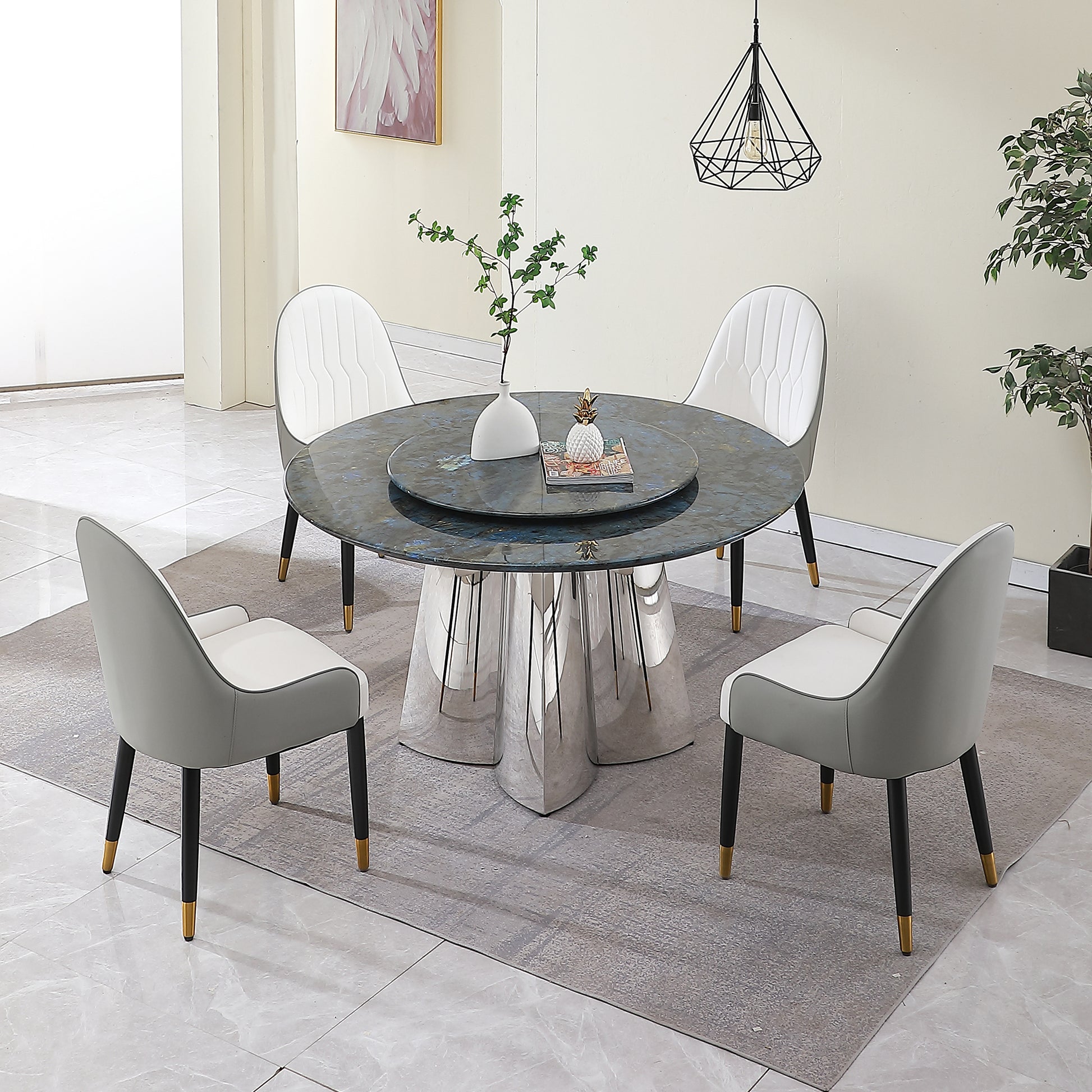 53.3"Modern Sintered Stone Dining Table With 31.5" Round Turntable And Metal Exquisite Pedestal With 6Pcs Chairs Frosty Green Sintered Stone