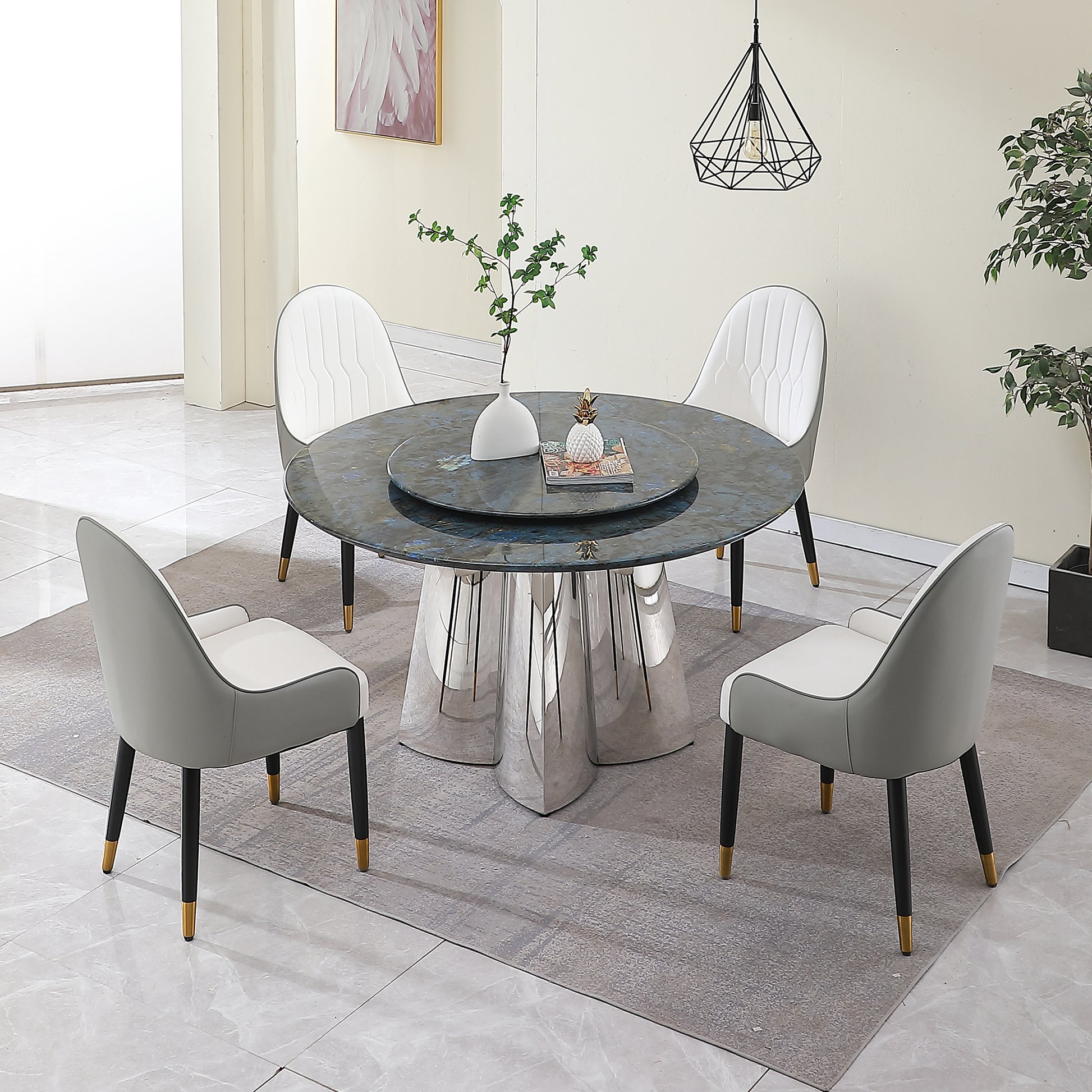 53.3"Modern Sintered Stone Dining Table With 31.5" Round Turntable And Metal Exquisite Pedestal With 6Pcs Chairs Antique Green Sintered Stone