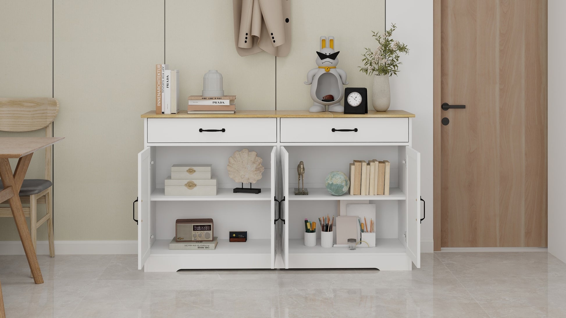 55.91" Large Farmhouse Buffet Cabinet Storage Sideboard With 2 Drawers And 4 Doors For Dining Living Room Kitchen Cupboard White White Mdf