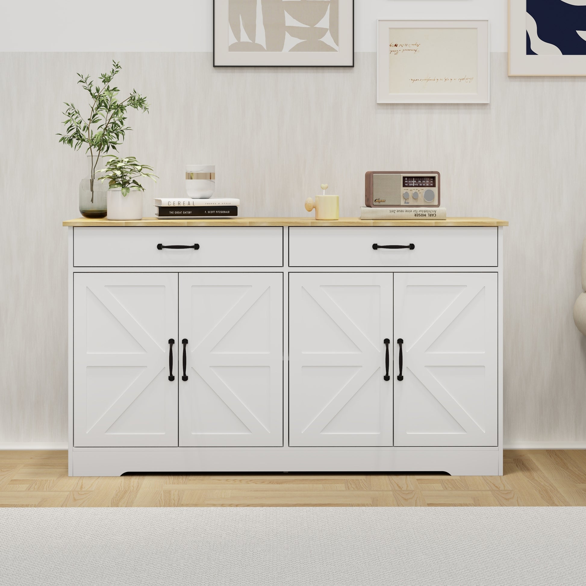 55.91" Large Farmhouse Buffet Cabinet Storage Sideboard With 2 Drawers And 4 Doors For Dining Living Room Kitchen Cupboard White White Mdf