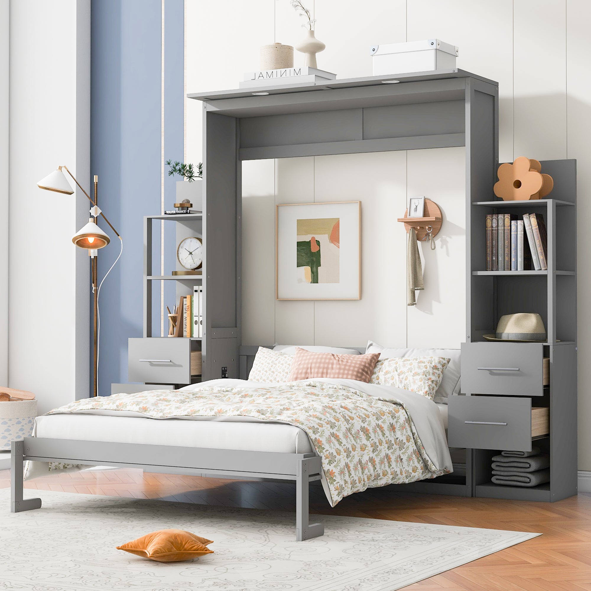 Queen Size Murphy Bed Wall Bed With Shelves, Drawers And Led Lights,Gray Queen Gray Mdf Lvl